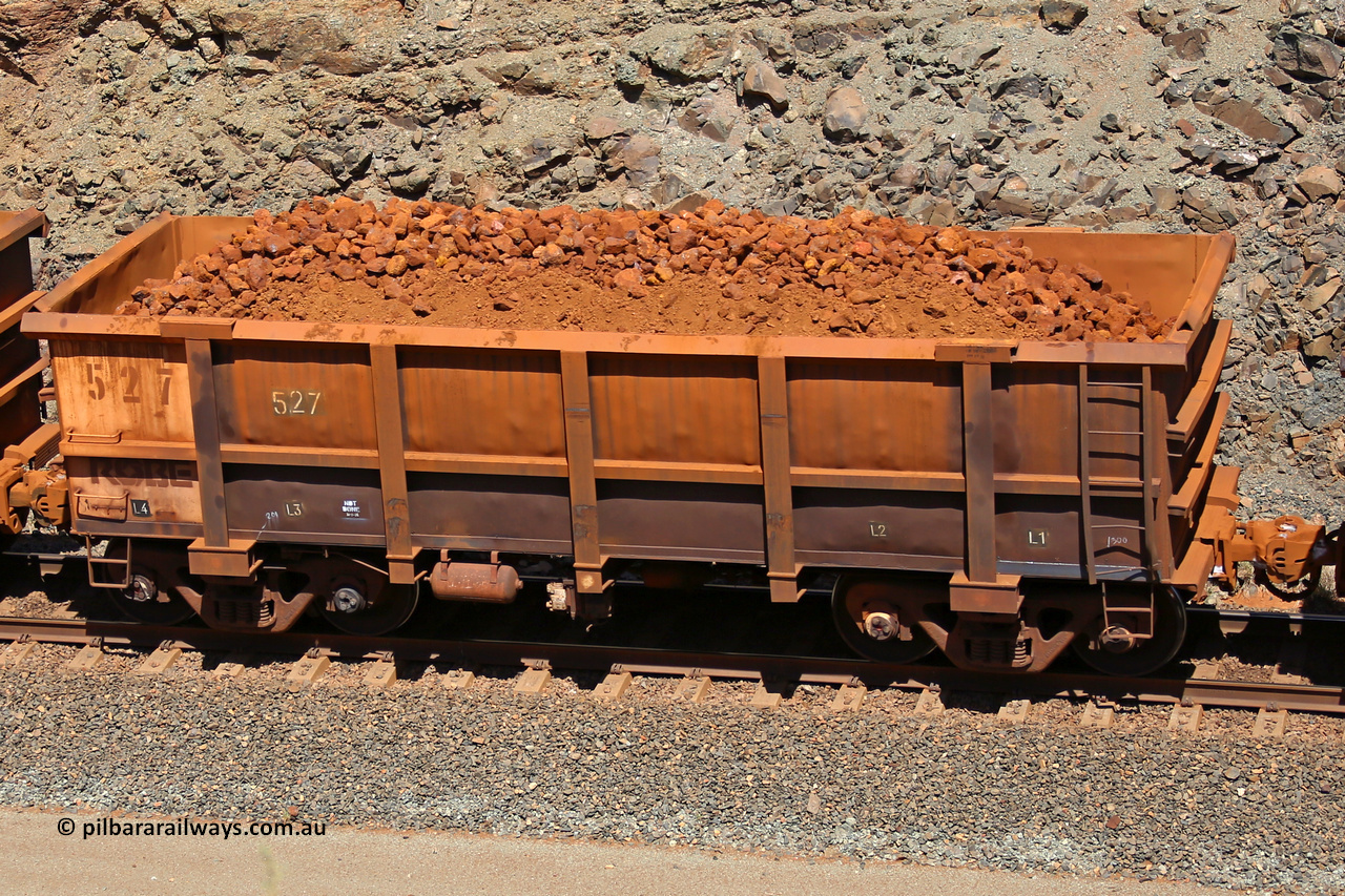 0527 160306 1667
Robe River ore waggon 527, built by Tomlinson Steel WA, fixed coupler non-handbrake side loaded view, at the 45 km, Harding Siding on the Cape Lambert line. March 6, 2016.
Keywords: 527;Tomlinson-Steel-WA;Robe-ore-waggon;