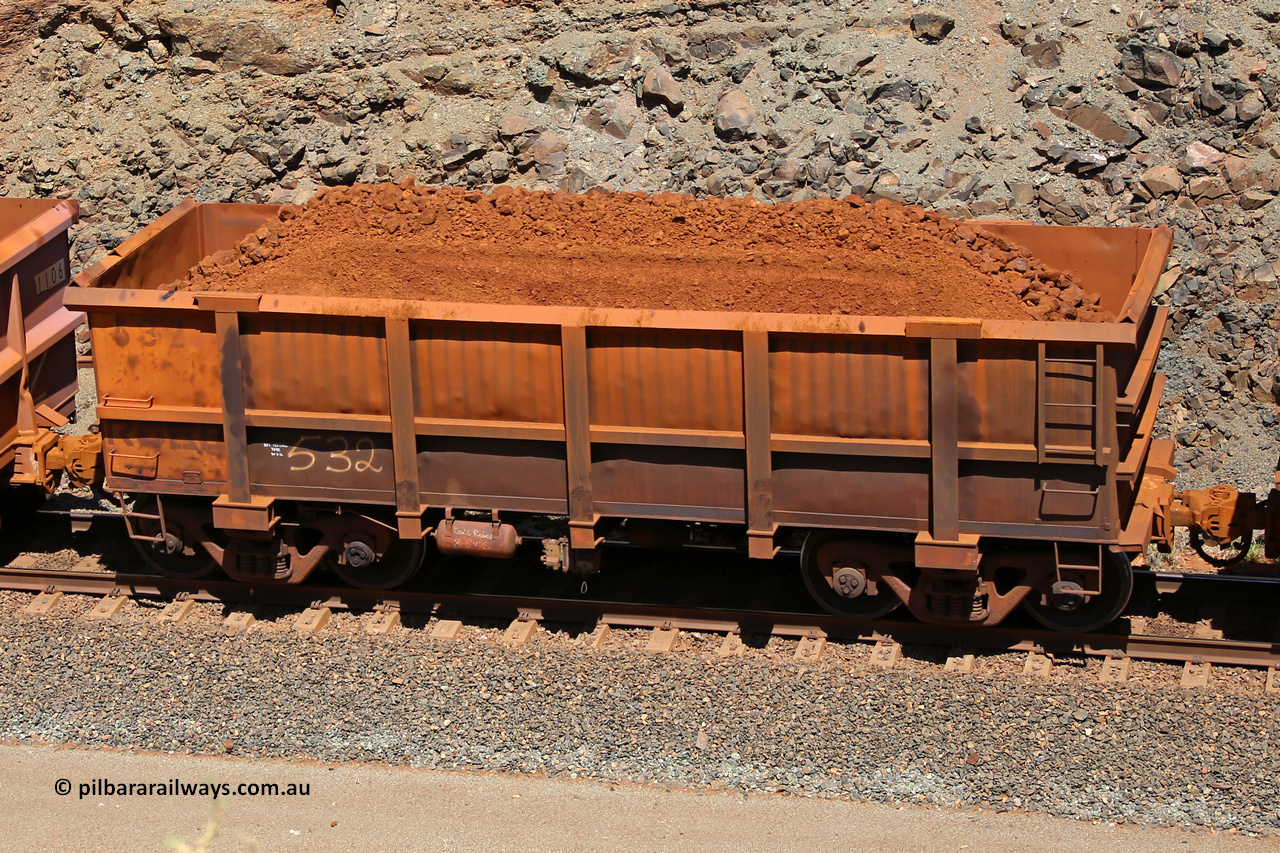 0532 160306 1619
Robe River ore waggon 532, built by Tomlinson Steel WA, fixed coupler non-handbrake side loaded view, at the 45 km, Harding Siding on the Cape Lambert line. March 6, 2016.
Keywords: 532;Tomlinson-Steel-WA;Robe-ore-waggon;