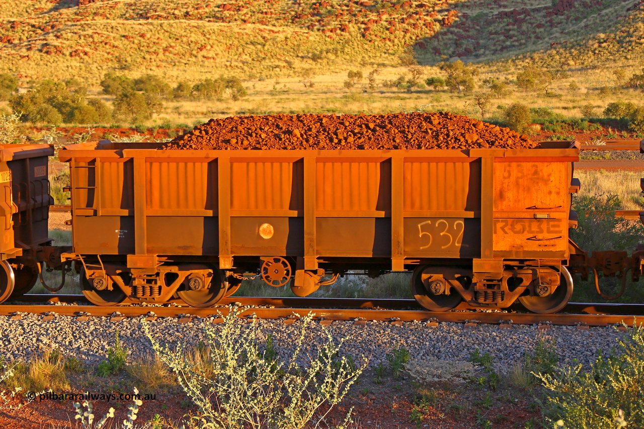 0532 170513 8660
Robe River ore waggon 532, built by Tomlinson Steel WA, handbrake side loaded view, Cape Lambert yard, May 13, 2017.
Keywords: 532;Tomlinson-Steel-WA;Robe-ore-waggon;