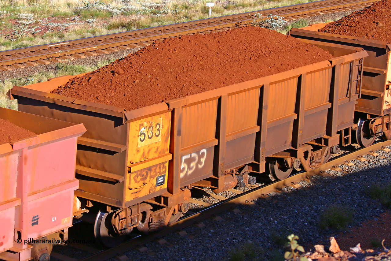 0533 210322 9753
Robe River ore waggon 533, built by Tomlinson Steel WA, rotary coupler end non-handbrake side loaded view at the 17 km on the Cape Lambert line, March 22, 2021.
Keywords: 533;Tomlinson-Steel-WA;Robe-ore-waggon;