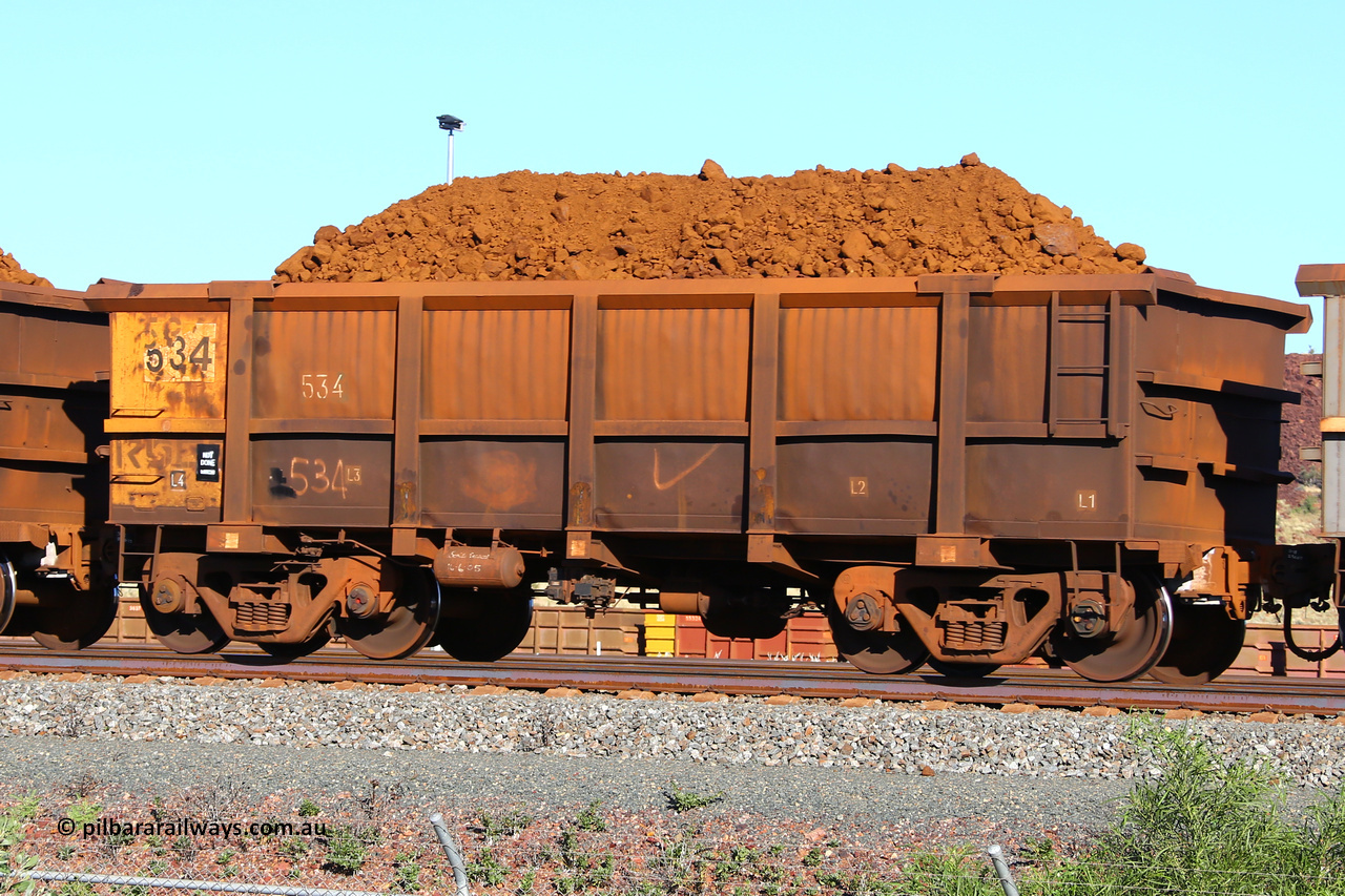 0534 210322 9389
Robe River ore waggon 534, built by Tomlinson Steel WA, fixed coupler non-handbrake side loaded view at Cape Lambert yard, March 22, 2021.
Keywords: 534;Tomlinson-Steel-WA;Robe-ore-waggon;
