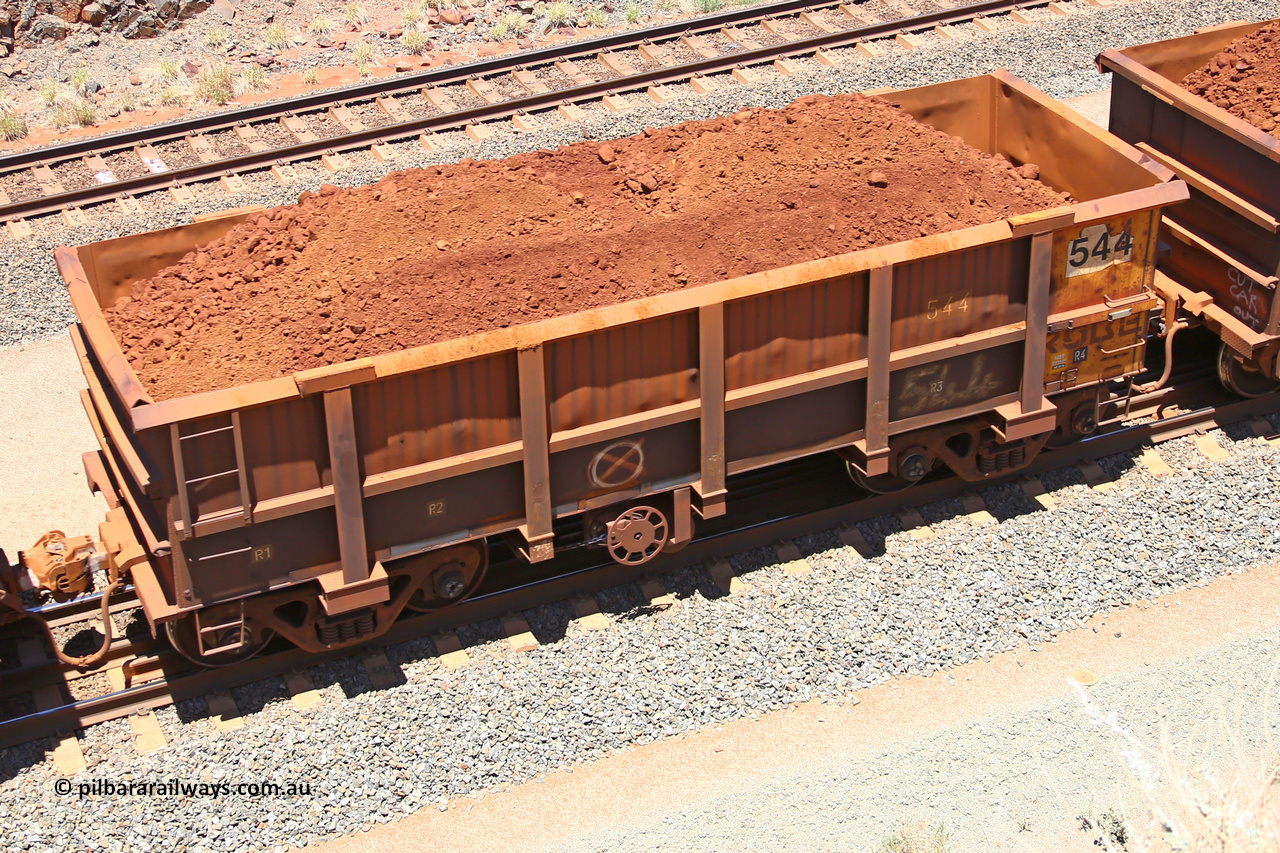 0544 160306 1460
Robe River ore waggon 544, built by Tomlinson Steel WA, fixed coupler handbrake side loaded view, at the 45 km, Harding Siding on the Cape Lambert line. March 6, 2016.
Keywords: 544;Tomlinson-Steel-WA;Robe-ore-waggon;