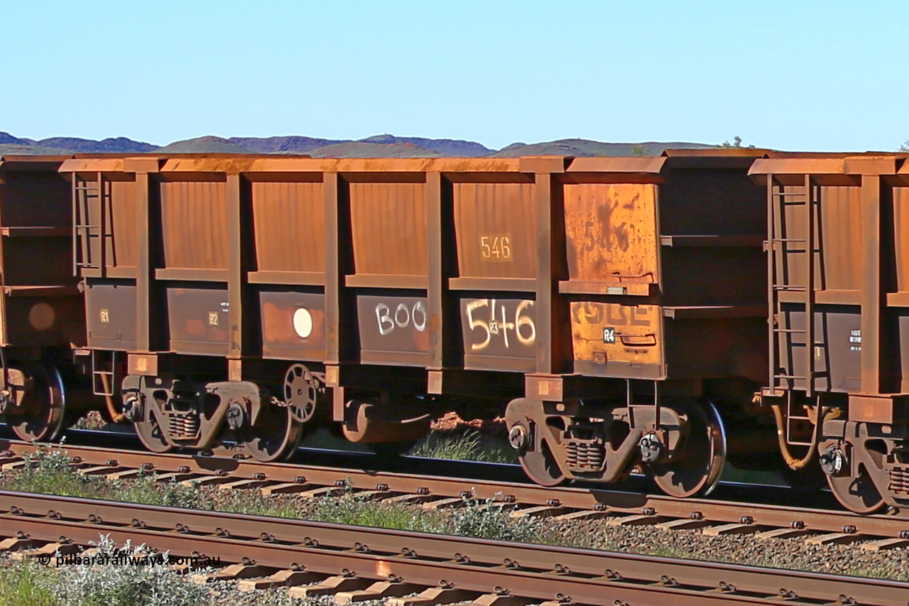0546 160727 0967
Robe River ore waggon 546, built by Tomlinson Steel WA, rotary coupler end handbrake side empty view at Harding Siding on the Cape Lambert line, July 27, 2016.
Keywords: 546;Tomlinson-Steel-WA;Robe-ore-waggon;