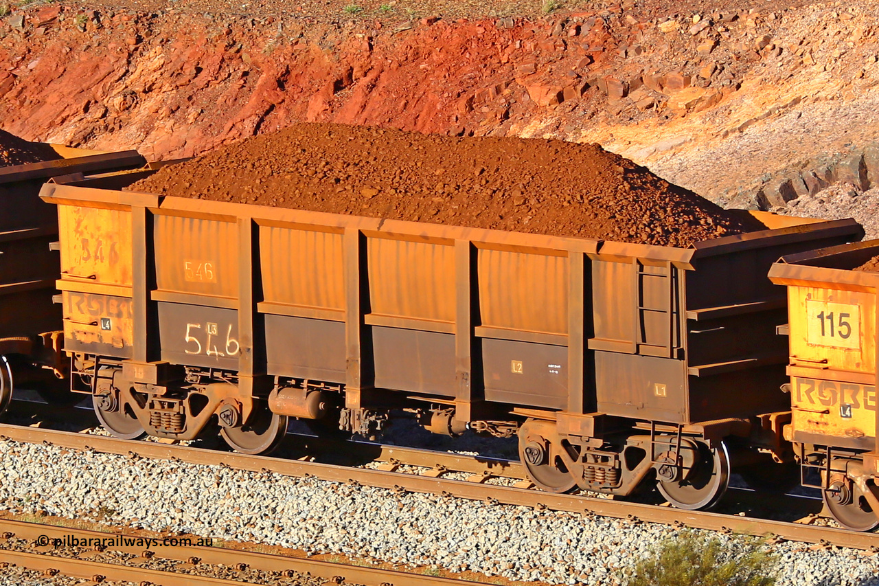 0546 180616 1643
Robe River ore waggon 546, built by Tomlinson Steel WA, fixed coupler non-handbrake side loaded view at the 38.5 km, Harding on the Cape Lambert line, June 16, 2018.
Keywords: 546;Tomlinson-Steel-WA;Robe-ore-waggon;