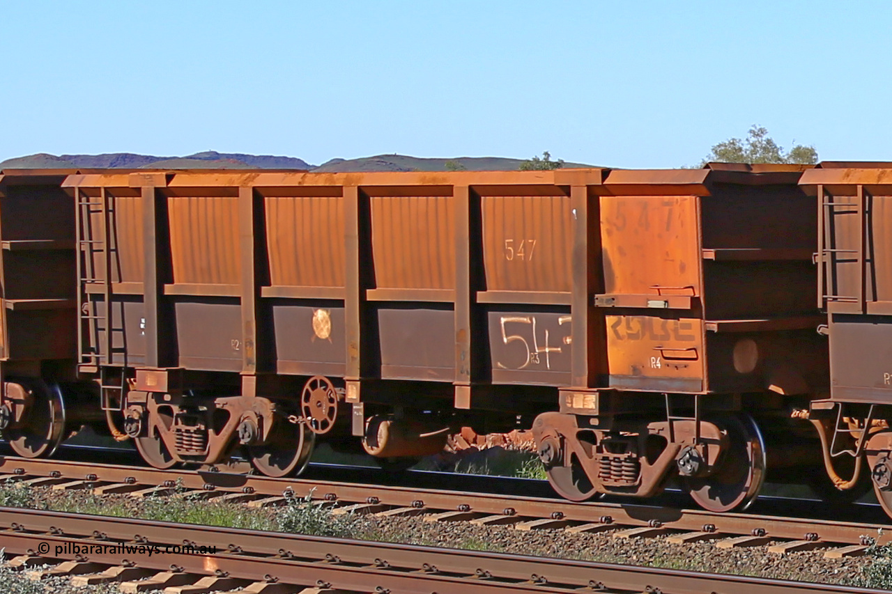 0547 160727 0974
Robe River ore waggon 547, built by Tomlinson Steel WA, rotary coupler end handbrake side empty view at Harding Siding on the Cape Lambert line, July 27, 2016.
Keywords: 547;Tomlinson-Steel-WA;Robe-ore-waggon;