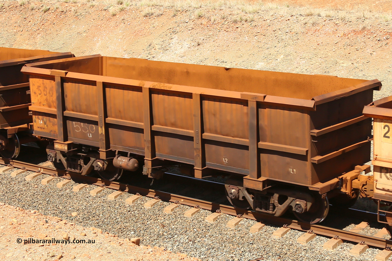 0550 160306 1247
Robe River ore waggon 550, built by Tomlinson Steel WA, fixed coupler non-handbrake side empty view at Greenpool on the Cape Lambert line. March 6, 2016.
Keywords: 550;Tomlinson-Steel-WA;Robe-ore-waggon;