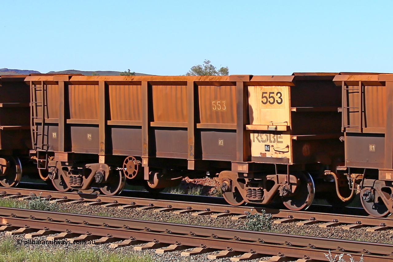 0553 160727 0985
Robe River ore waggon 553, built by Tomlinson Steel WA, rotary coupler end handbrake side empty view at Harding Siding on the Cape Lambert line, July 27, 2016.
Keywords: 553;Tomlinson-Steel-WA;Robe-ore-waggon;