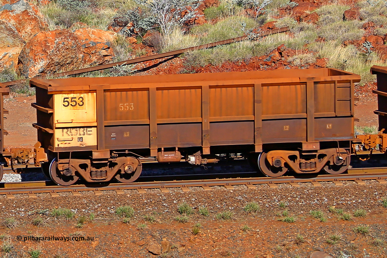0553 180616 1724
Robe River ore waggon 553, built by Tomlinson Steel WA, rotary coupler end non-handbrake side empty view at the 38 km, Harding on the Cape Lambert line, June 16, 2018.
Keywords: 553;Tomlinson-Steel-WA;Robe-ore-waggon;