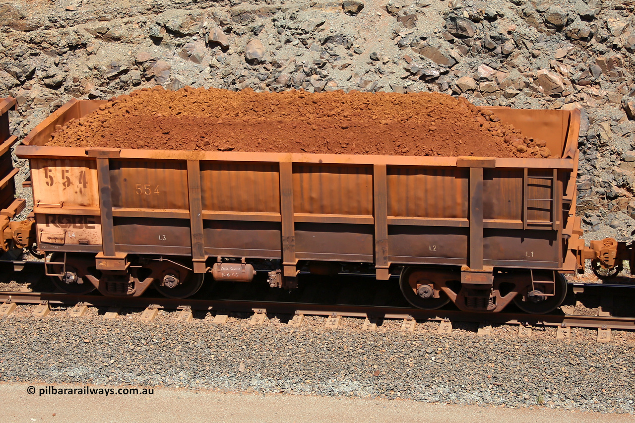 0554 160306 1580
Robe River ore waggon 554, built by Tomlinson Steel WA, fixed coupler non-handbrake side loaded view, at the 45 km, Harding Siding on the Cape Lambert line. March 6, 2016.
Keywords: 554;Tomlinson-Steel-WA;Robe-ore-waggon;