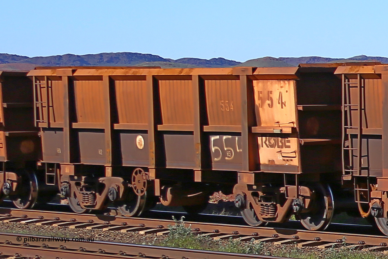 0554 160727 0984
Robe River ore waggon 554, built by Tomlinson Steel WA, rotary coupler end handbrake side empty view at Harding Siding on the Cape Lambert line, July 27, 2016.
Keywords: 554;Tomlinson-Steel-WA;Robe-ore-waggon;