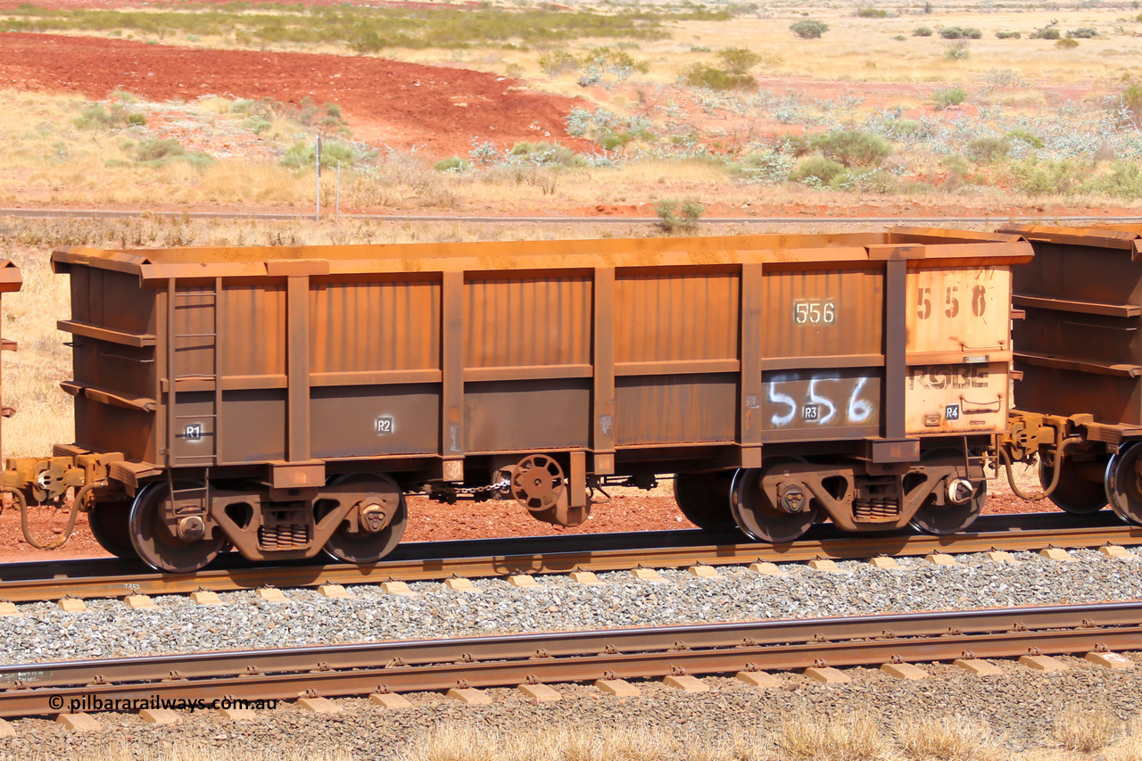 0556 141124 6840
Robe River ore waggon 556, built by Tomlinson Steel WA, fixed coupler handbrake side empty view at the 25 km at Arches Siding on the Cape Lambert line. November 24, 2014.
Keywords: 556;Tomlinson-Steel-WA;Robe-ore-waggon;