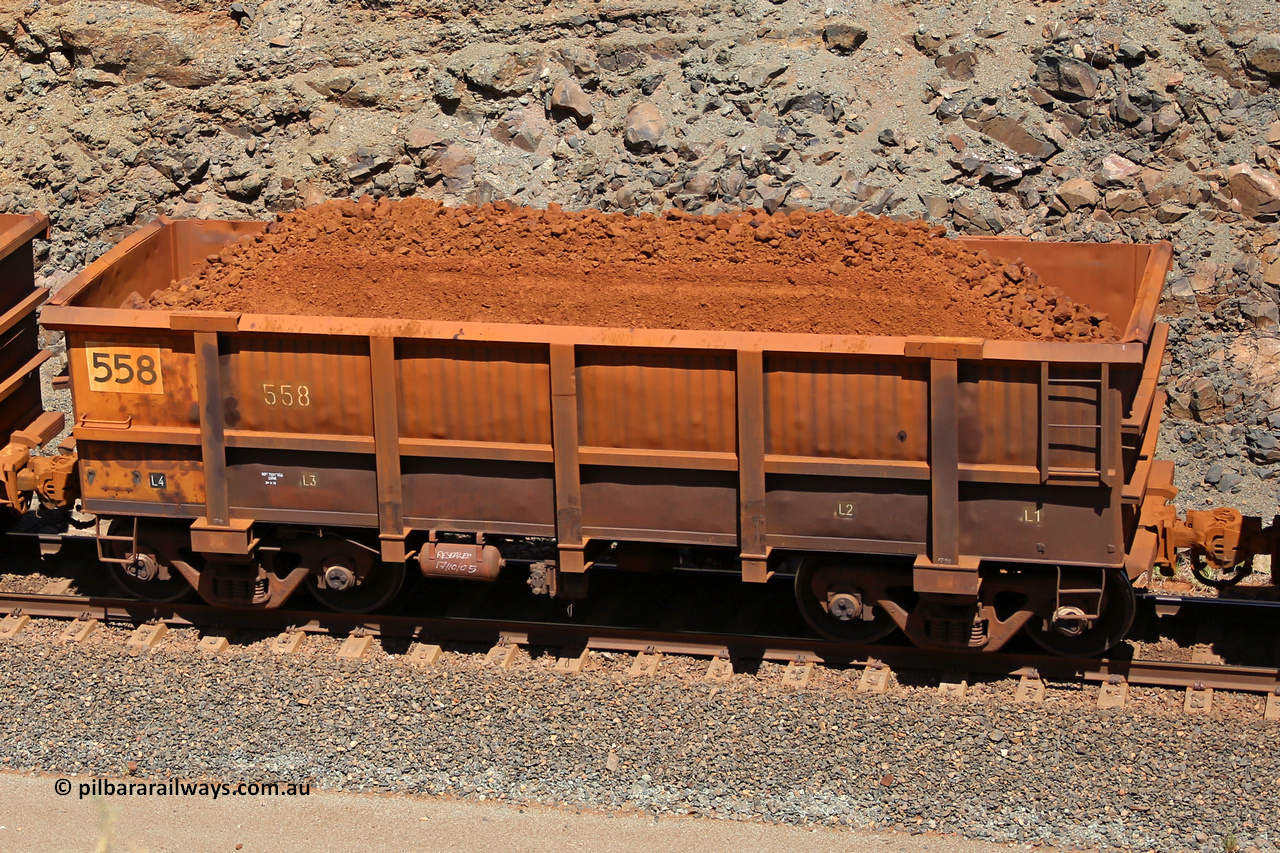 0558 160306 1620
Robe River ore waggon 558, built by Tomlinson Steel WA, fixed coupler non-handbrake side loaded view, at the 45 km, Harding Siding on the Cape Lambert line. March 6, 2016.
Keywords: 558;Tomlinson-Steel-WA;Robe-ore-waggon;