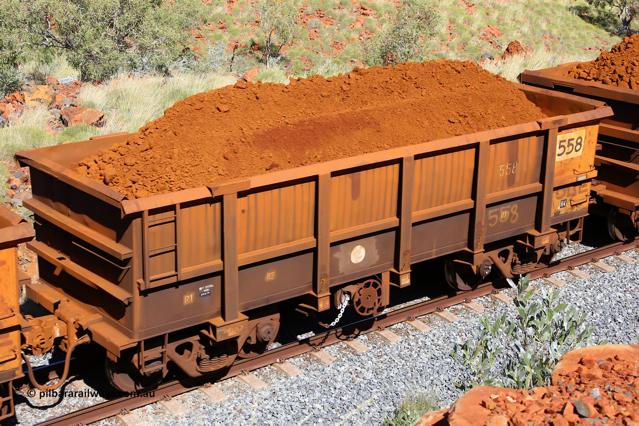 0558 180616 1851
Robe River ore waggon 558, built by Tomlinson Steel WA, fixed coupler handbrake side loaded view at Maitland Siding on the Deepdale line, June 16, 2018.
Keywords: 558;Tomlinson-Steel-WA;Robe-ore-waggon;