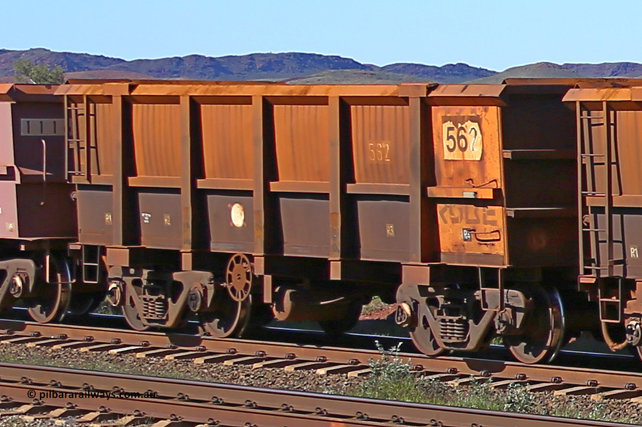 0562 160727 0953
Robe River ore waggon 562, built by Tomlinson Steel WA, rotary coupler end handbrake side empty view at Harding Siding on the Cape Lambert line, July 27, 2016.
Keywords: 562;Tomlinson-Steel-WA;Robe-ore-waggon;