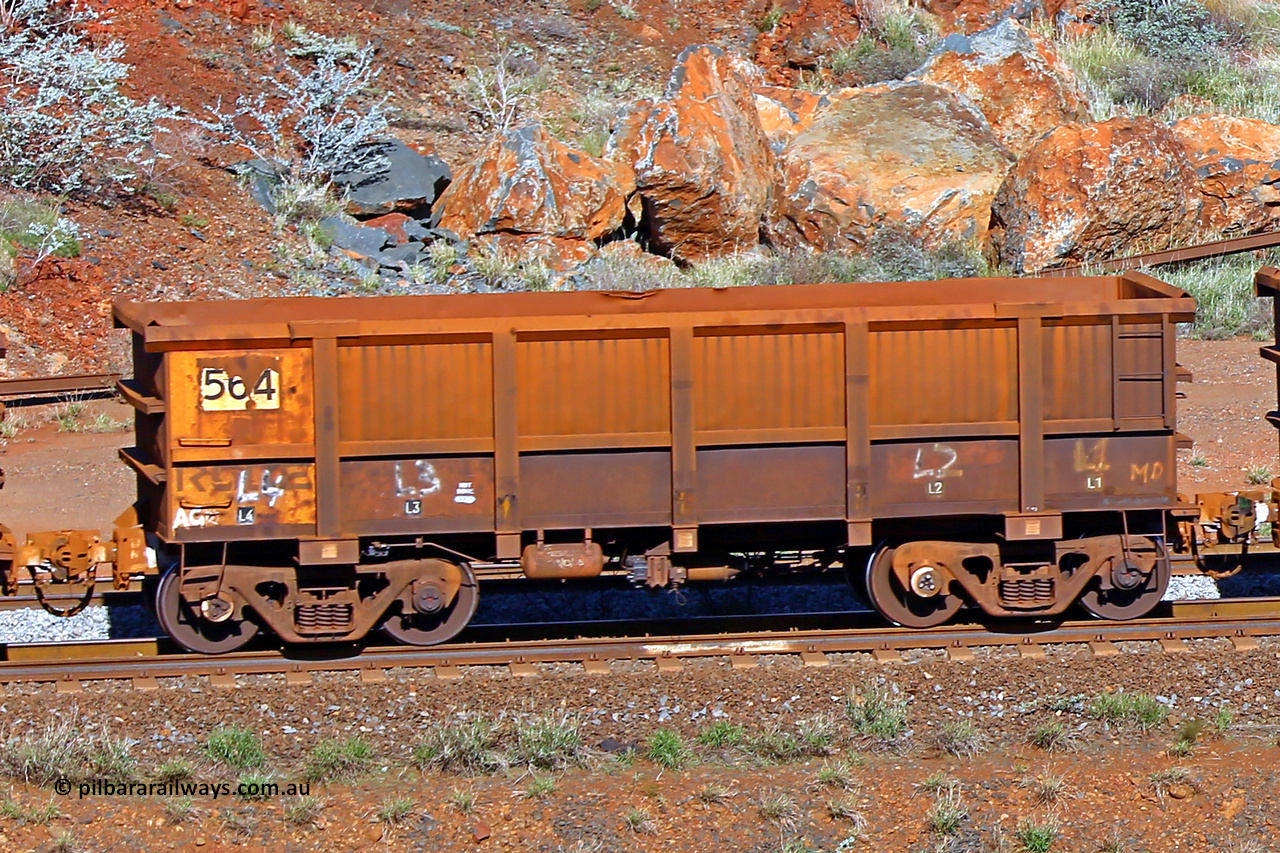 0564 180616 1700
Robe River ore waggon 564, built by Tomlinson Steel WA, rotary coupler end non-handbrake side empty view at the 38 km, Harding on the Cape Lambert line, June 16, 2018.
Keywords: 564;Tomlinson-Steel-WA;Robe-ore-waggon;