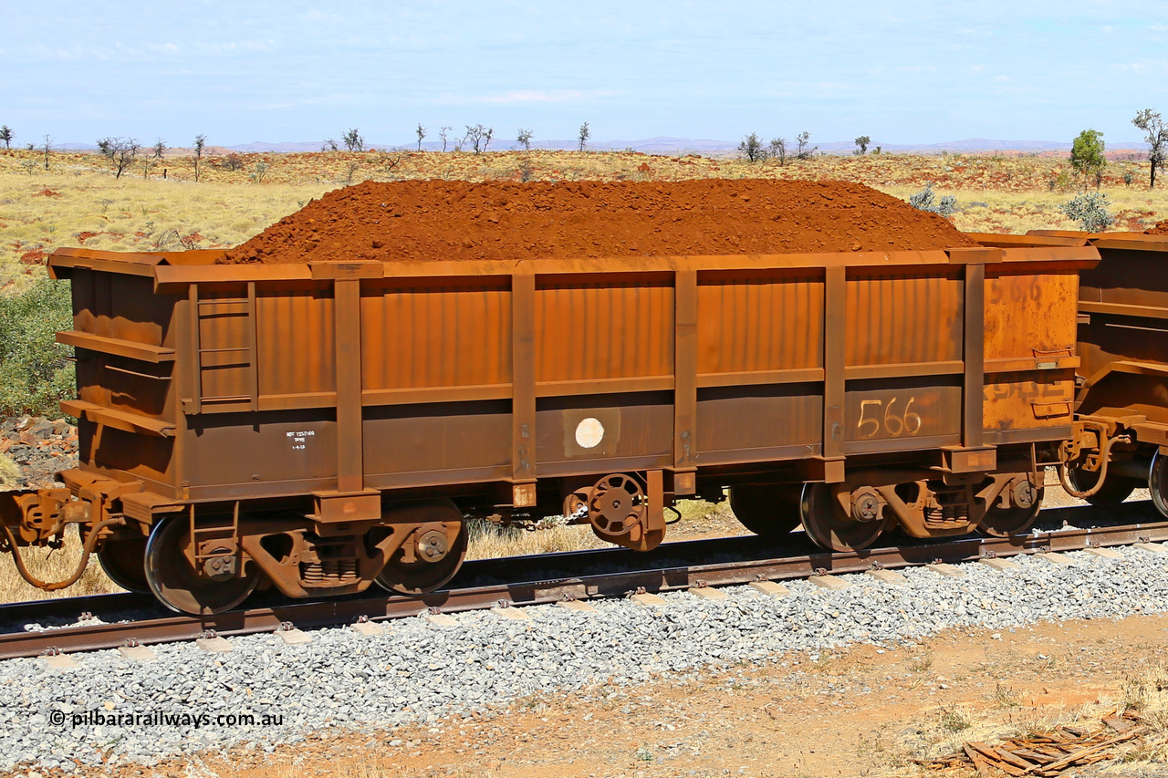 0566 170729 0227
Robe River ore waggon 566, built by Tomlinson Steel WA, fixed coupler handbrake side loaded view at the 103 km, between Maitland Siding and the Fortescue River on the Deepdale line. July 29, 2017.
Keywords: 566;Tomlinson-Steel-WA;Robe-ore-waggon;