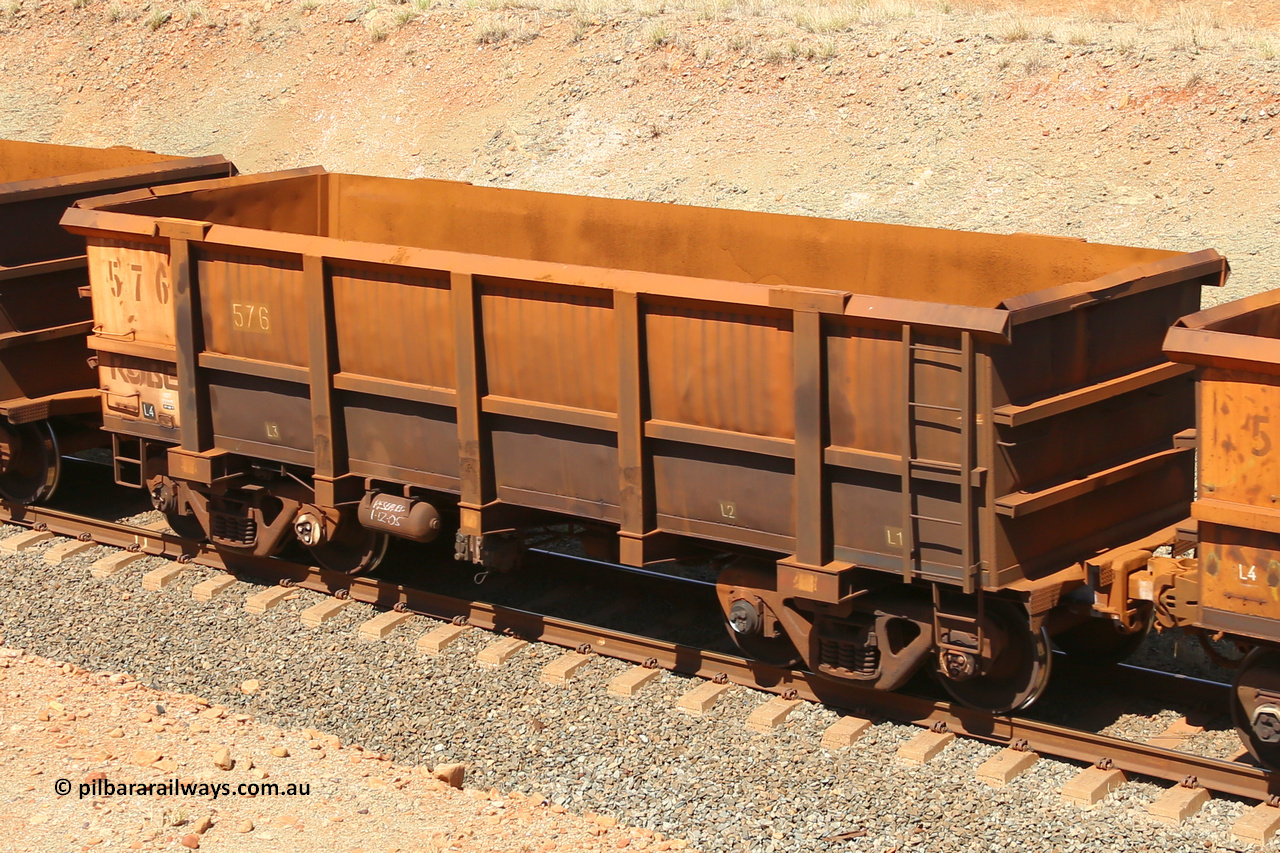 0576 160306 1246
Robe River ore waggon 576, built by Tomlinson Steel WA, fixed coupler non-handbrake side empty view at Greenpool on the Cape Lambert line. March 6, 2016.
Keywords: 576;Tomlinson-Steel-WA;Robe-ore-waggon;