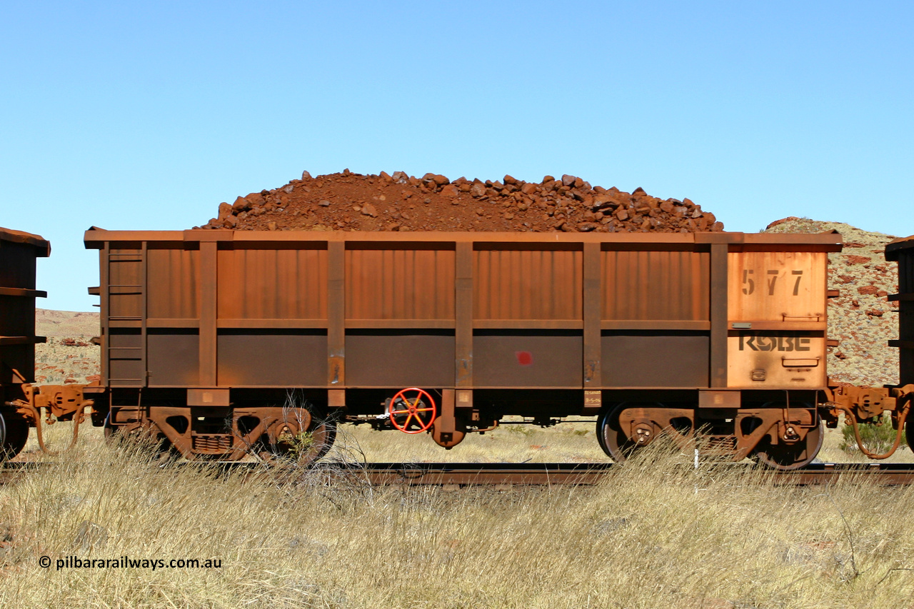 0577 060722 7501
Robe River ore waggon 577, built by Tomlinson Steel WA, handbrake side loaded view at the 78.8 km between Western Creek and Maitland on the Deepdale line. July 22, 2006.
Keywords: 577;Tomlinson-Steel-WA;Robe-ore-waggon;
