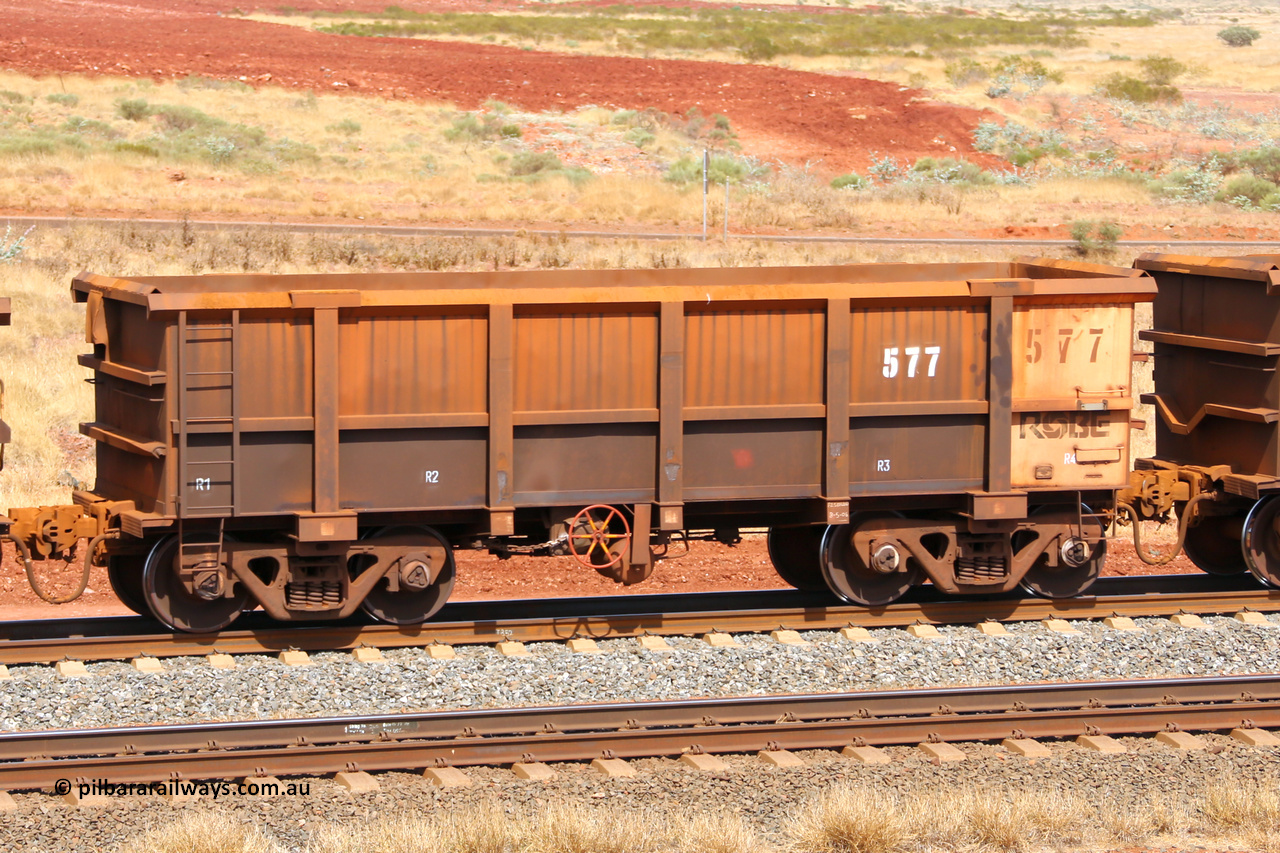 0577 141124 6859
Robe River ore waggon 577, built by Tomlinson Steel WA, fixed coupler handbrake side empty view at the 25 km at Arches Siding on the Cape Lambert line. November 24, 2014.
Keywords: 577;Tomlinson-Steel-WA;Robe-ore-waggon;