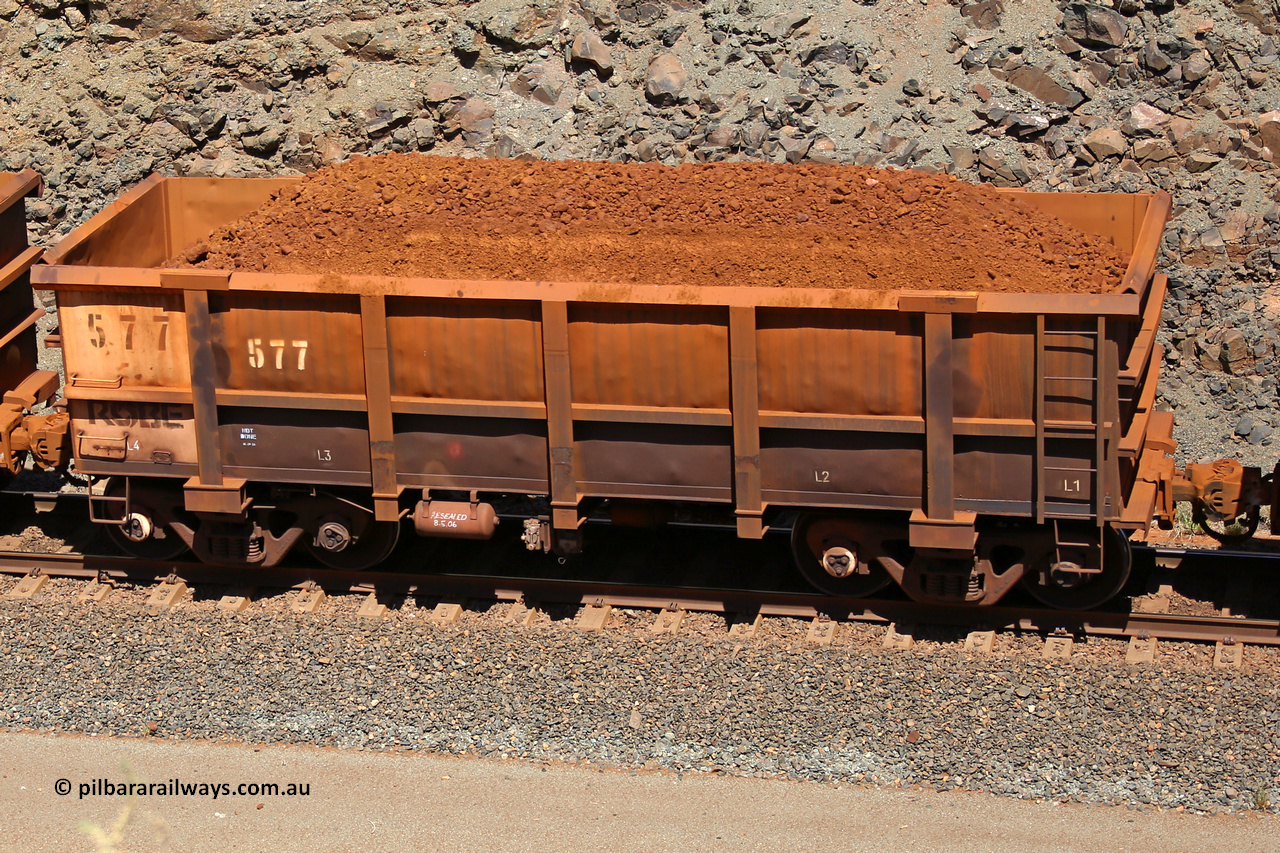 0577 160306 1648
Robe River ore waggon 577, built by Tomlinson Steel WA, fixed coupler non-handbrake side loaded view, at the 45 km, Harding Siding on the Cape Lambert line. March 6, 2016.
Keywords: 577;Tomlinson-Steel-WA;Robe-ore-waggon;