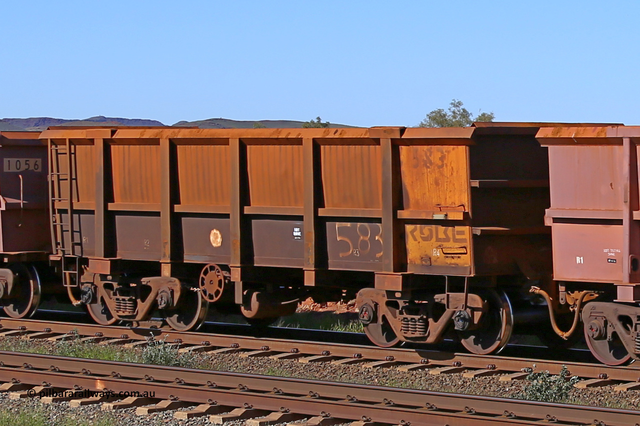 0583 160727 0986
Robe River ore waggon 583, built by Tomlinson Steel WA, rotary coupler end handbrake side empty view at Harding Siding on the Cape Lambert line, July 27, 2016.
Keywords: 583;Tomlinson-Steel-WA;Robe-ore-waggon;