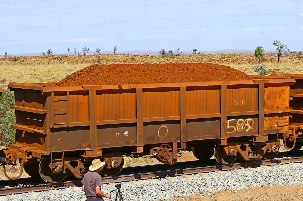 0588 170729 0269
Robe River ore waggon 588, built by Tomlinson Steel WA, fixed coupler handbrake side loaded view at the 103 km, between Maitland Siding and the Fortescue River on the Deepdale line. July 29, 2017.
Keywords: 588;Tomlinson-Steel-WA;Robe-ore-waggon;