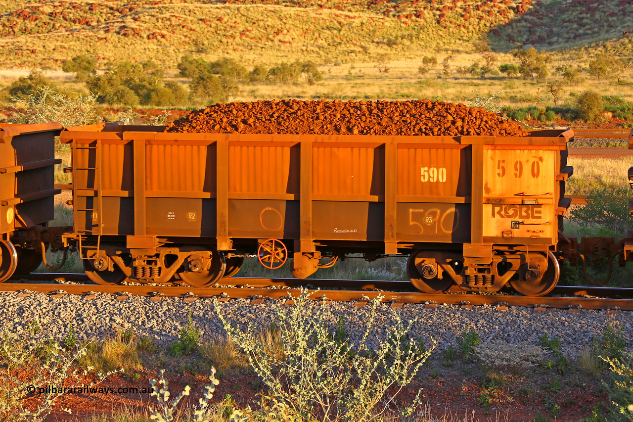 0590 170513 8673
Robe River ore waggon 590, built by Tomlinson Steel WA, handbrake side loaded view, Cape Lambert yard, May 13, 2017.
Keywords: 590;Tomlinson-Steel-WA;Robe-ore-waggon;