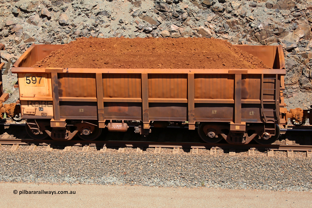 0597 160306 1551
Robe River ore waggon 597, built by Tomlinson Steel WA, fixed coupler non-handbrake side loaded view, at the 45 km, Harding Siding on the Cape Lambert line. March 6, 2016.
Keywords: 597;Tomlinson-Steel-WA;Robe-ore-waggon;