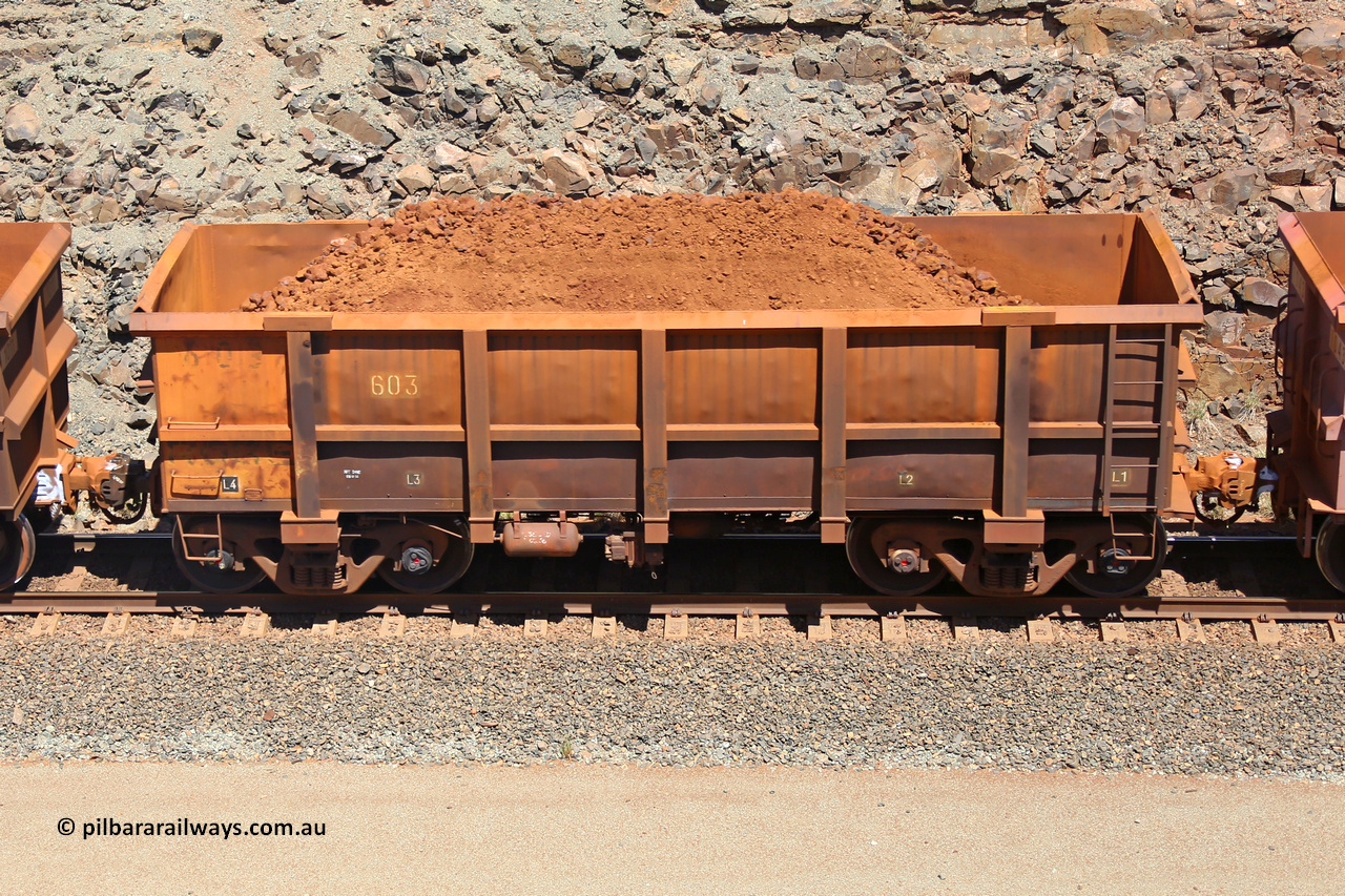 0603 160306 1510
Robe River ore waggon 603, built by Tomlinson Steel WA, fixed coupler non-handbrake side loaded view, at the 45 km, Harding Siding on the Cape Lambert line. March 6, 2016.
Keywords: 603;Tomlinson-Steel-WA;Robe-ore-waggon;