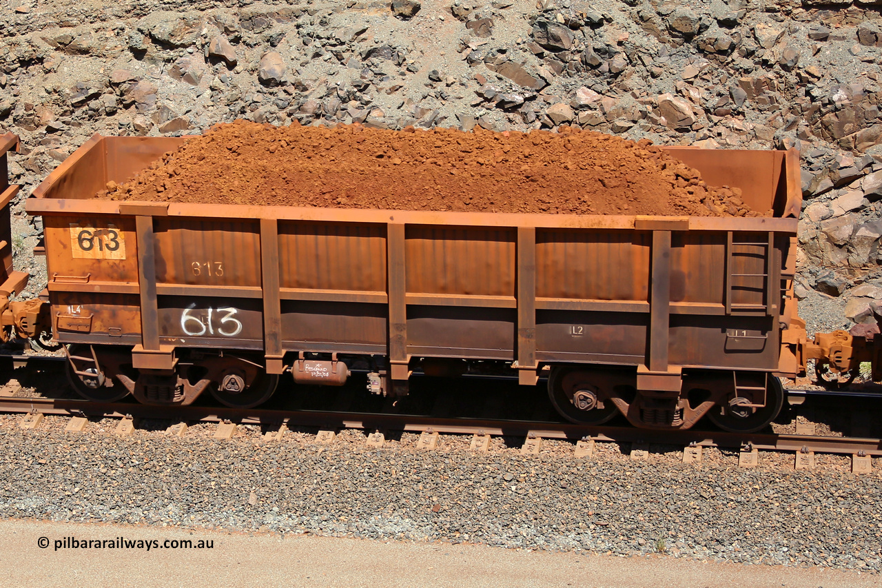 0613 160306 1590
Robe River ore waggon 613, built by Tomlinson Steel WA, fixed coupler non-handbrake side loaded view, at the 45 km, Harding Siding on the Cape Lambert line. March 6, 2016.
Keywords: 613;Tomlinson-Steel-WA;Robe-ore-waggon;