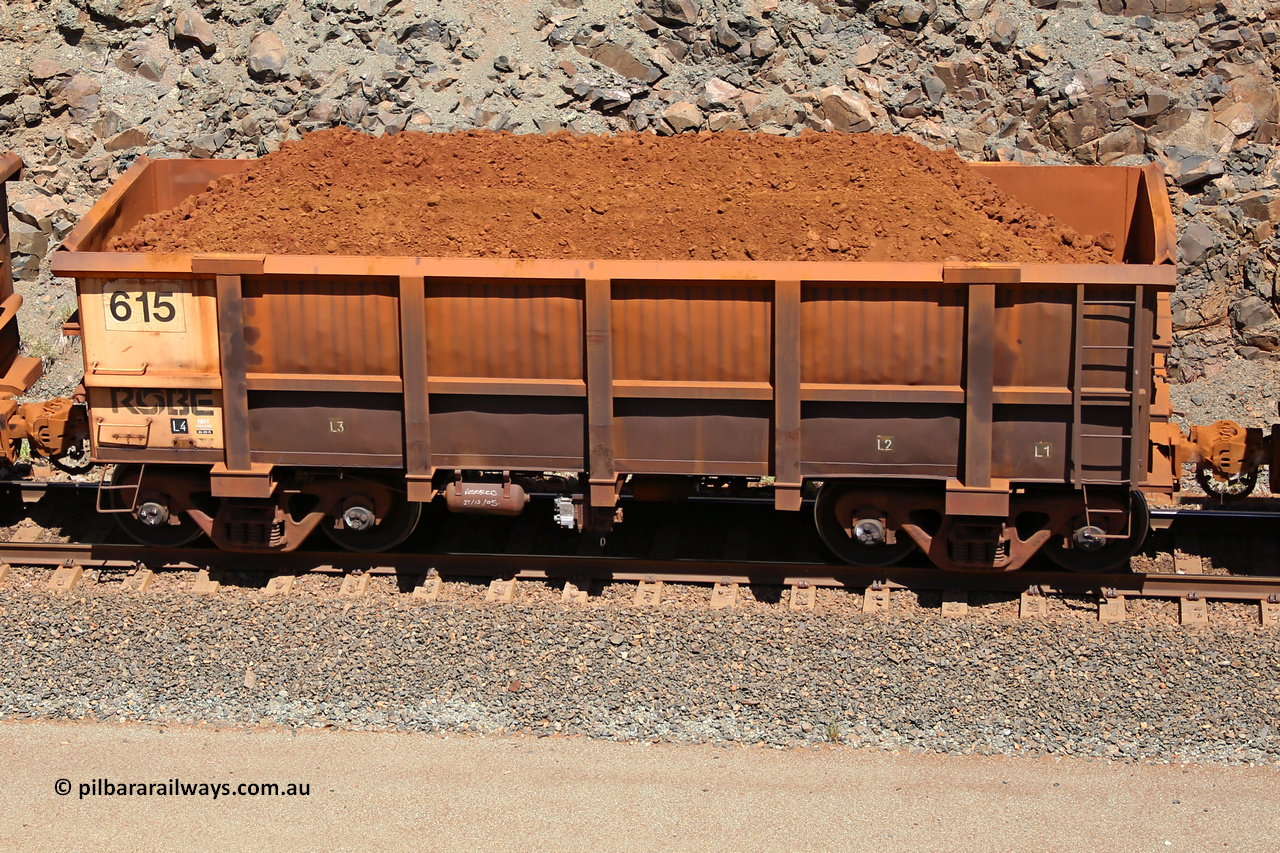 0615 160306 1538
Robe River ore waggon 615, built by Tomlinson Steel WA, fixed coupler non-handbrake side loaded view, at the 45 km, Harding Siding on the Cape Lambert line. March 6, 2016.
Keywords: 615;Tomlinson-Steel-WA;Robe-ore-waggon;