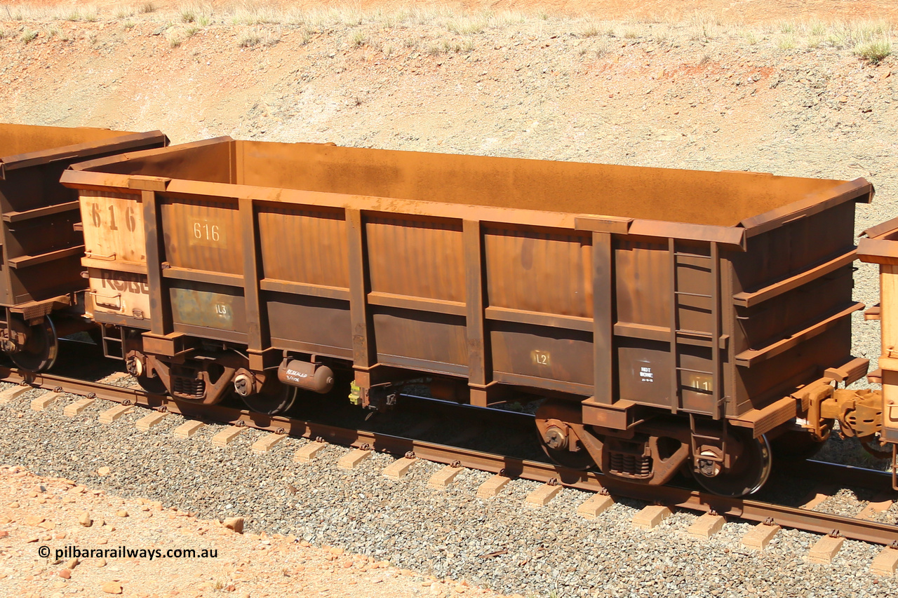 0616 160306 1237
Robe River ore waggon 616, built by Tomlinson Steel WA, fixed coupler non-handbrake side empty view at Greenpool on the Cape Lambert line. March 6, 2016.
Keywords: 616;Tomlinson-Steel-WA;Robe-ore-waggon;