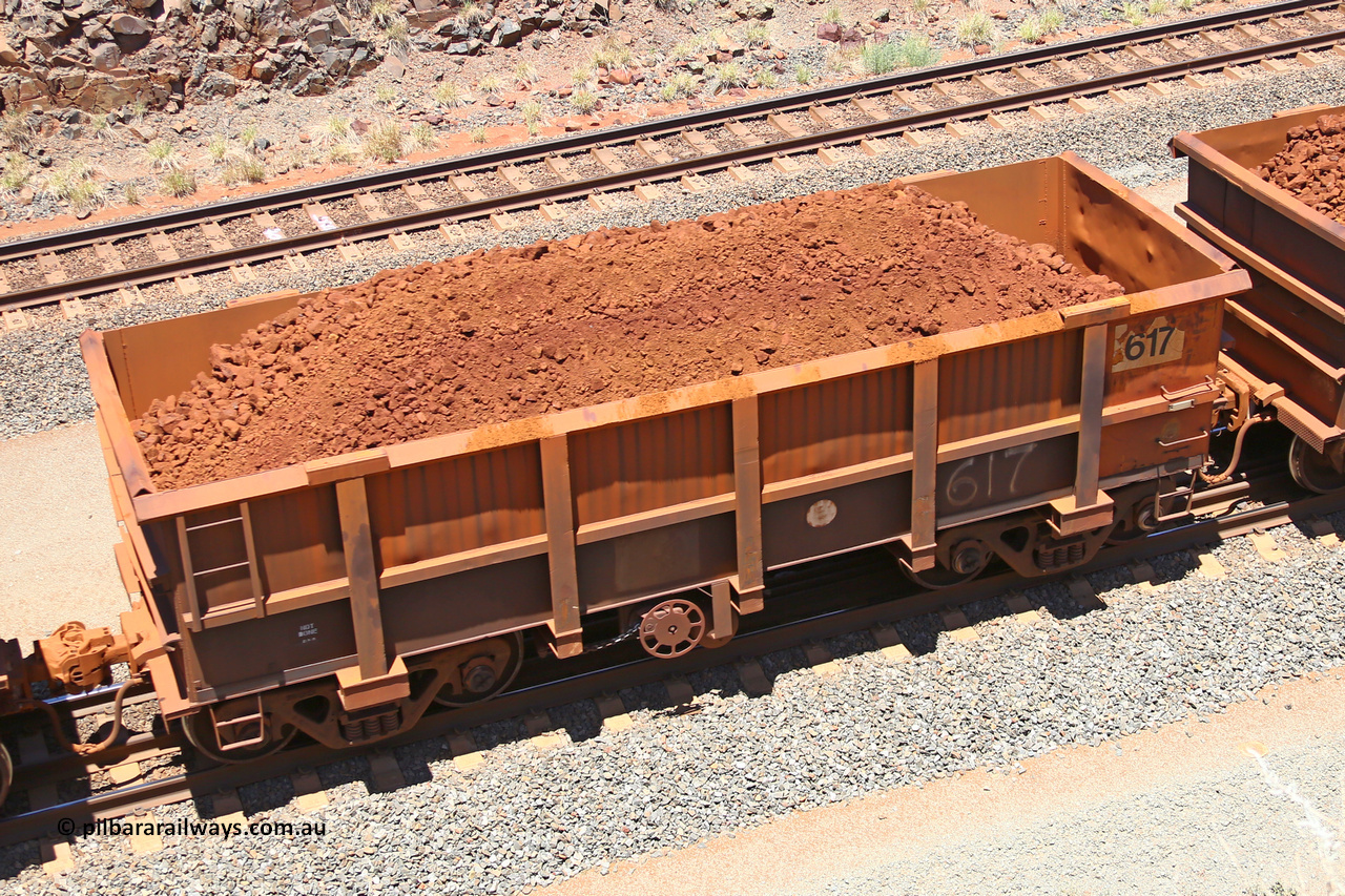 0617 160306 1480
Robe River ore waggon 617, built by Tomlinson Steel WA, fixed coupler handbrake side loaded view, at the 45 km, Harding Siding on the Cape Lambert line. March 6, 2016.
Keywords: 617;Tomlinson-Steel-WA;Robe-ore-waggon;