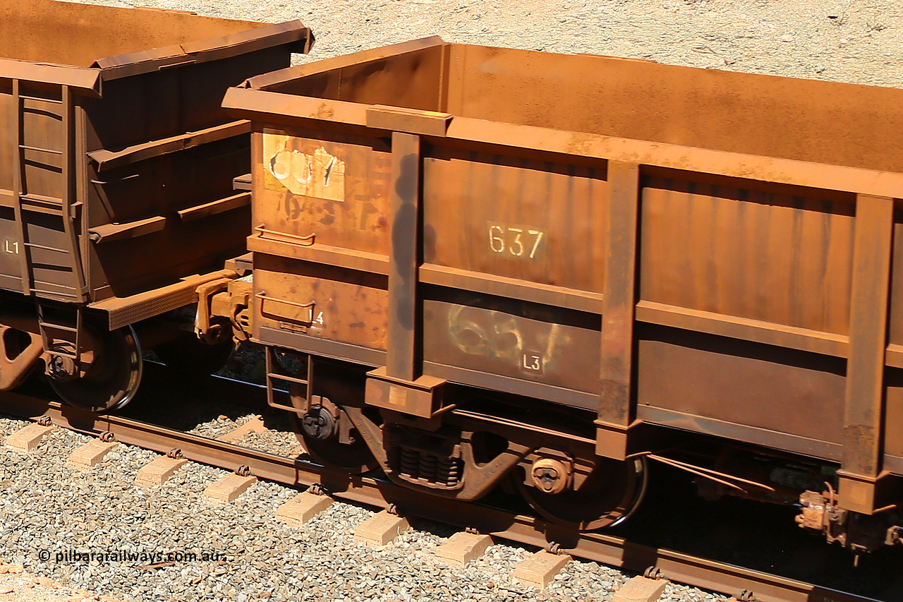 0637 160306 1327
Robe River ore waggon 637, built by Tomlinson Steel WA, rotary coupler end panel and plate, empty view at Greenpool on the Cape Lambert line. March 6, 2016.
Keywords: 637;Tomlinson-Steel-WA;Robe-ore-waggon;