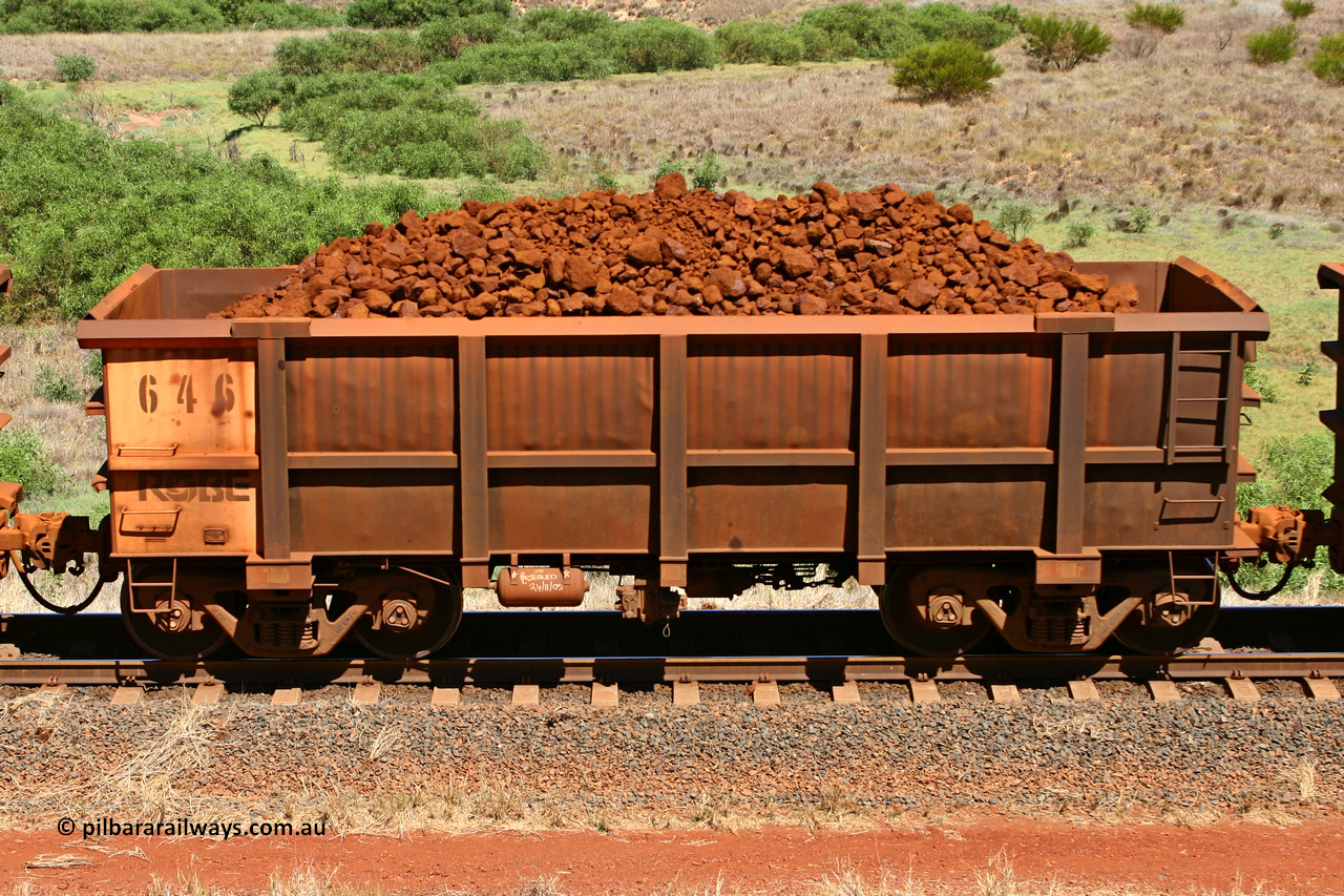 0646 061209 8180
Robe River ore waggon 645, built by Tomlinson Steel WA, non-handbrake side loaded view at the 7 km location just south of Cape Lambert yard. December 9, 2008.
Keywords: 646;Tomlinson-Steel-WA;Robe-ore-waggon;