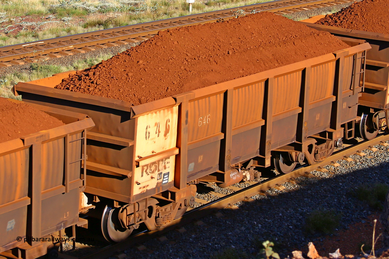 0646 210322 9695
Robe River ore waggon 646, built by Tomlinson Steel WA, rotary coupler end non-handbrake side loaded view at the 17 km on the Cape Lambert line, March 22, 2021.
Keywords: 646;Tomlinson-Steel-WA;Robe-ore-waggon;