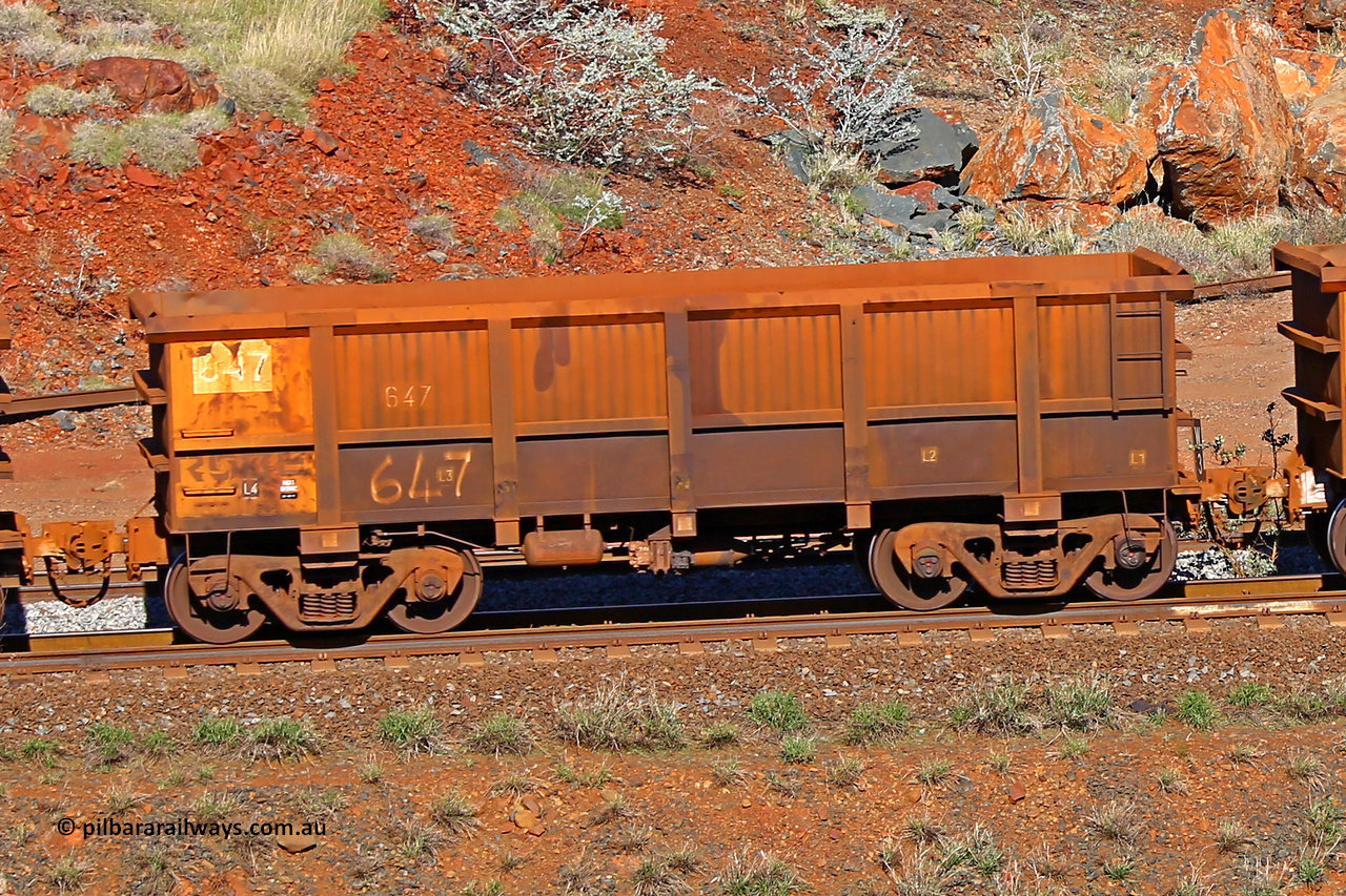 0647 180616 1725
Robe River ore waggon 647, built by Tomlinson Steel WA, rotary coupler end non-handbrake side empty view at the 38 km, Harding on the Cape Lambert line, June 16, 2018.
Keywords: 647;Tomlinson-Steel-WA;Robe-ore-waggon;