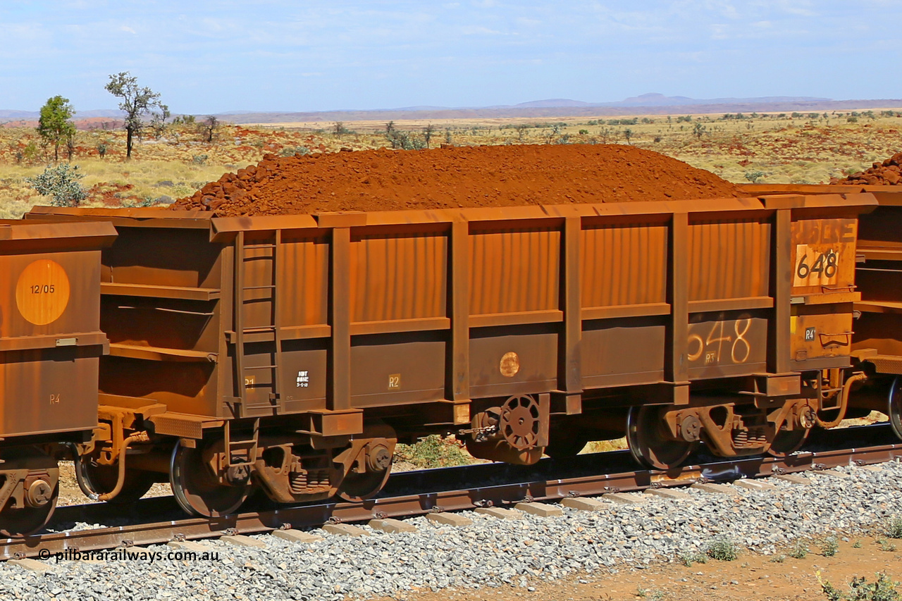 0648 170729 0271
Robe River ore waggon 648, built by Tomlinson Steel WA, fixed coupler handbrake side loaded view at the 103 km, between Maitland Siding and the Fortescue River on the Deepdale line. July 29, 2017.
Keywords: 648;Tomlinson-Steel-WA;Robe-ore-waggon;
