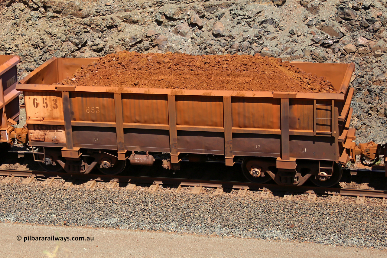 0653 160306 1643
Robe River ore waggon 653, built by Tomlinson Steel WA, fixed coupler non-handbrake side loaded view, at the 45 km, Harding Siding on the Cape Lambert line. March 6, 2016.
Keywords: 653;Tomlinson-Steel-WA;Robe-ore-waggon;