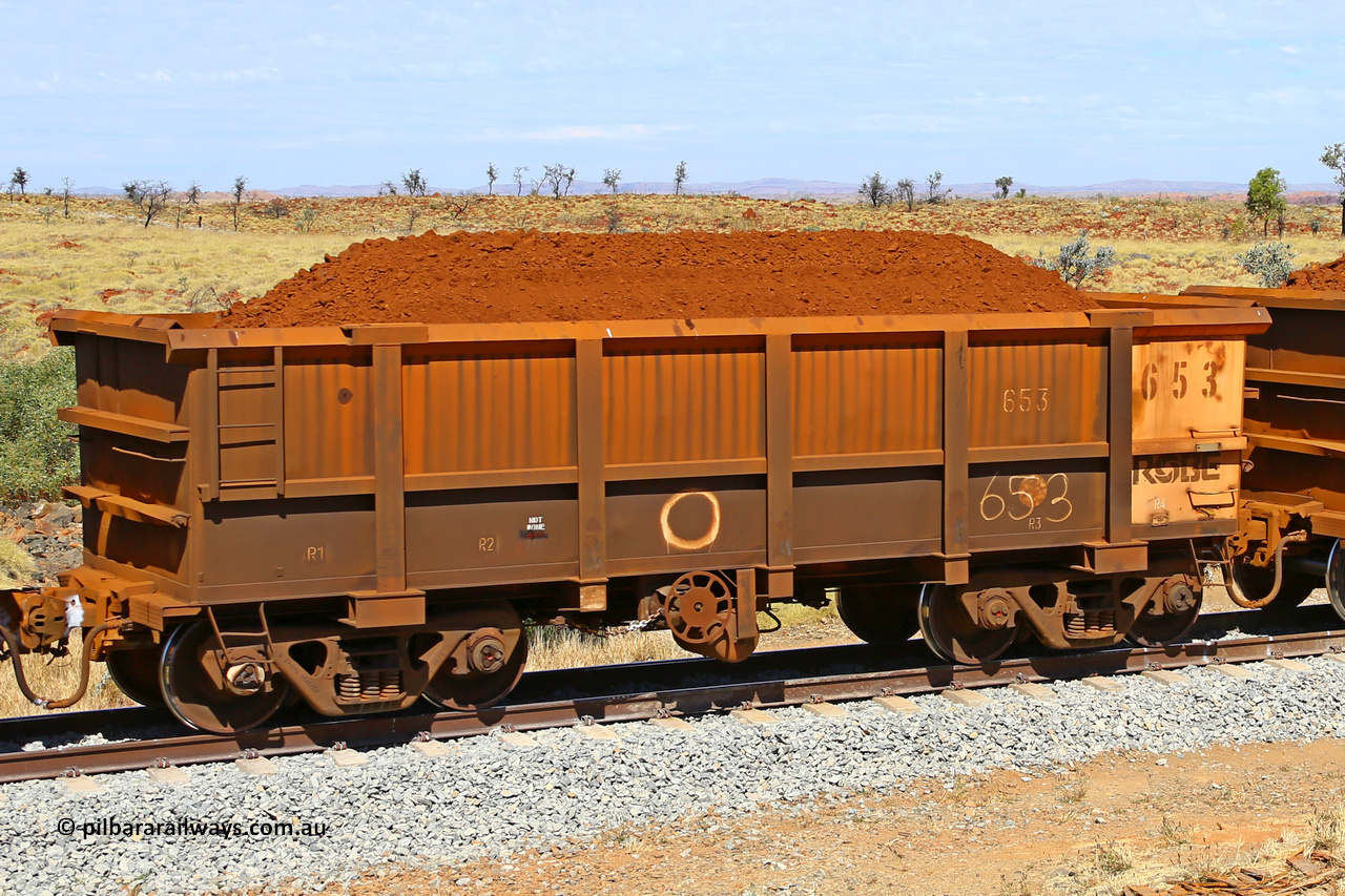 0653 170729 0246
Robe River ore waggon 653, built by Tomlinson Steel WA, fixed coupler handbrake side loaded view at the 103 km, between Maitland Siding and the Fortescue River on the Deepdale line. July 29, 2017.
Keywords: 653;Tomlinson-Steel-WA;Robe-ore-waggon;