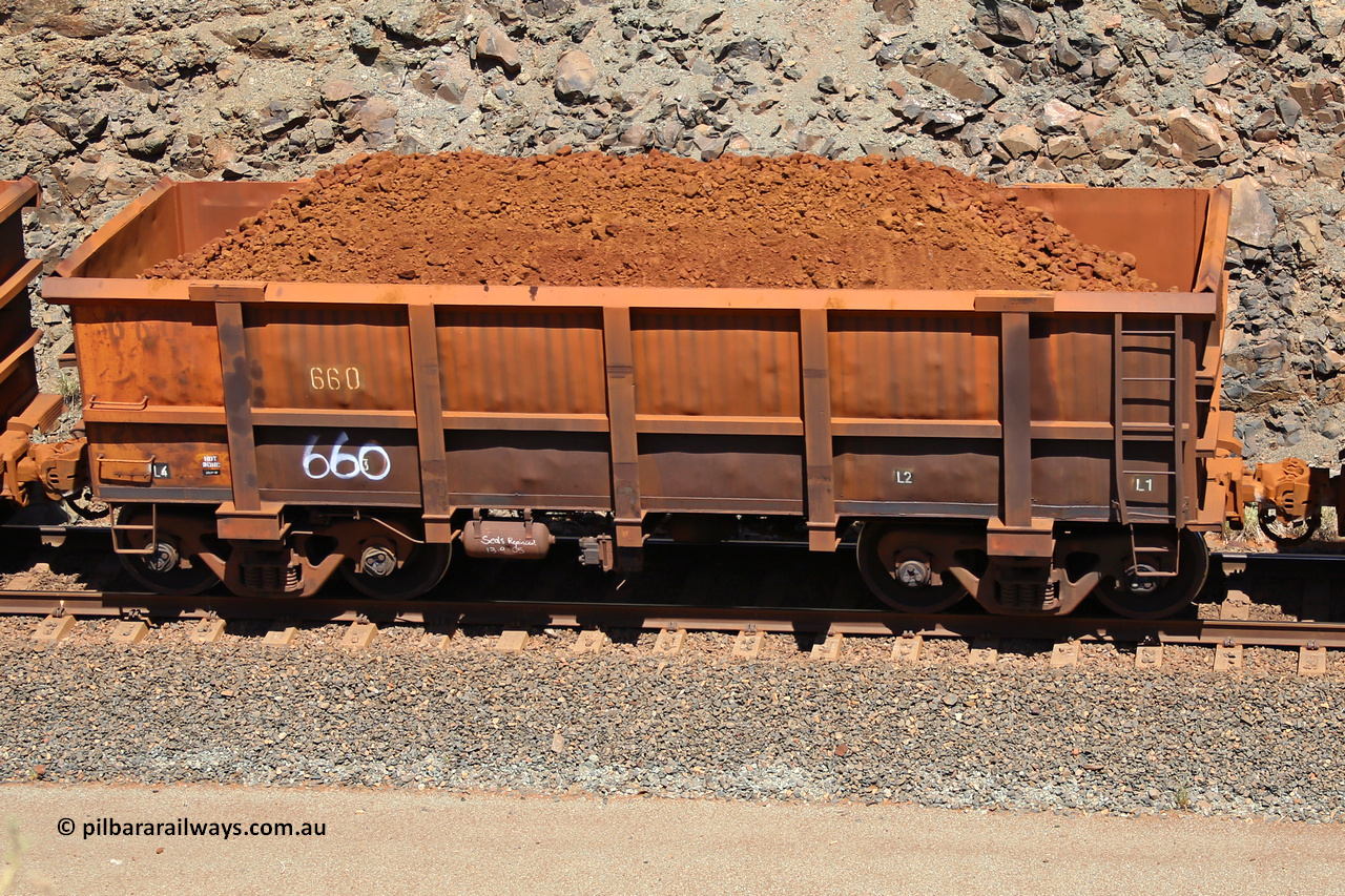 0660 160306 1528
Robe River ore waggon 660, built by Tomlinson Steel WA, fixed coupler non-handbrake side loaded view, at the 45 km, Harding Siding on the Cape Lambert line. March 6, 2016.
Keywords: 660;Tomlinson-Steel-WA;Robe-ore-waggon;