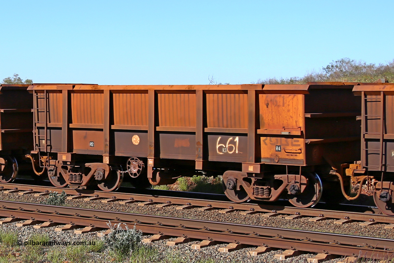 0661 160727 0970
Robe River ore waggon 661, built by Tomlinson Steel WA, rotary coupler end handbrake side empty view at Harding Siding on the Cape Lambert line, July 27, 2016.
Keywords: 661;Tomlinson-Steel-WA;Robe-ore-waggon;