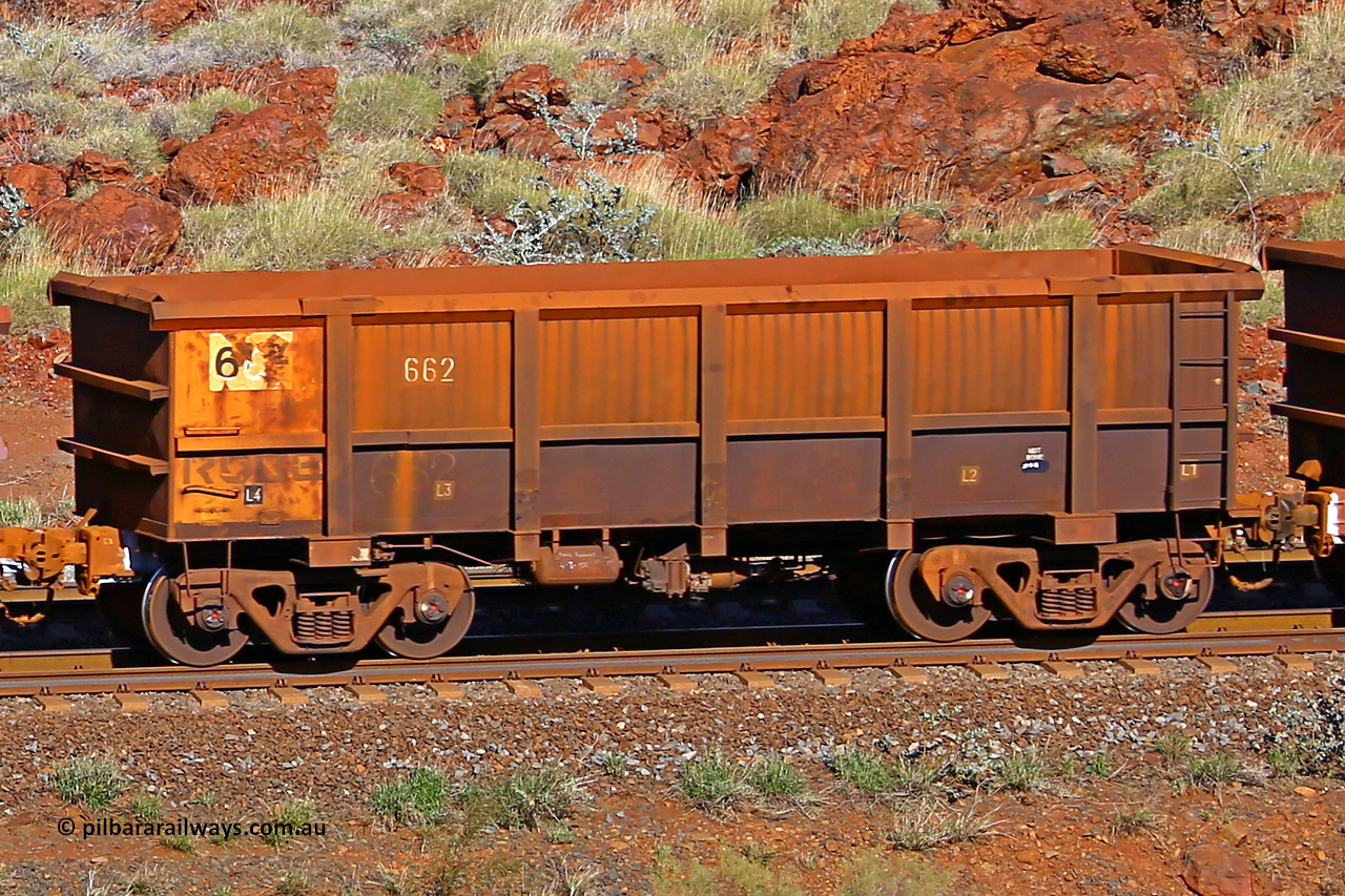 0662 180616 1695
Robe River ore waggon 662, built by Tomlinson Steel WA, rotary coupler end non-handbrake side empty view at the 38 km, Harding on the Cape Lambert line, June 16, 2018.
Keywords: 662;Tomlinson-Steel-WA;Robe-ore-waggon;