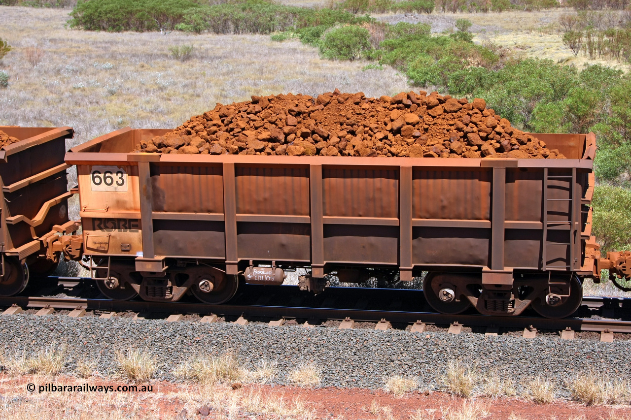 0663 081209 0123
Robe River ore waggon 663, built by Tomlinson Steel WA, fixed coupler non-handbrake side loaded view at the 7 km location just south of Cape Lambert yard. December 9, 2008.
Keywords: 663;Tomlinson-Steel-WA;Robe-ore-waggon;
