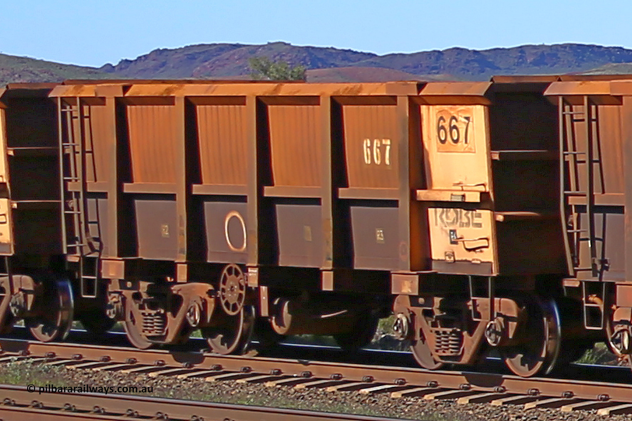 0667 160727 0964
Robe River ore waggon 667, built by Tomlinson Steel WA, rotary coupler end handbrake side empty view at Harding Siding on the Cape Lambert line, July 27, 2016.
Keywords: 667;Tomlinson-Steel-WA;Robe-ore-waggon;