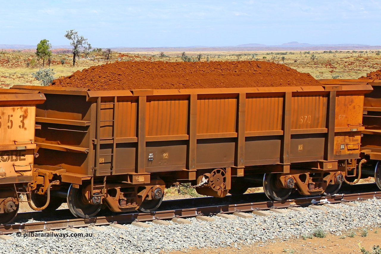 0670 170729 0246
Robe River ore waggon 670, built by Tomlinson Steel WA, fixed coupler handbrake side loaded view at the 103 km, between Maitland Siding and the Fortescue River on the Deepdale line. July 29, 2017.
Keywords: 670;Tomlinson-Steel-WA;Robe-ore-waggon;