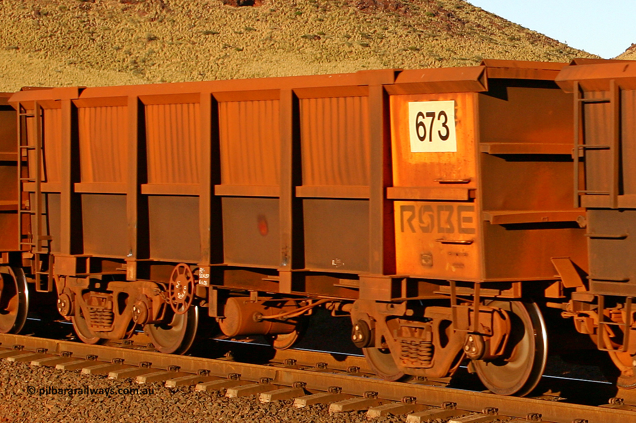 0673 060722 7621
Robe River ore waggon 673, built by Tomlinson Steel WA, rotary coupler end handbrake side empty view, at the 11.7 km, Cape Lambert. July 22, 2006.
Keywords: 673;Tomlinson-Steel-WA;Robe-ore-waggon;