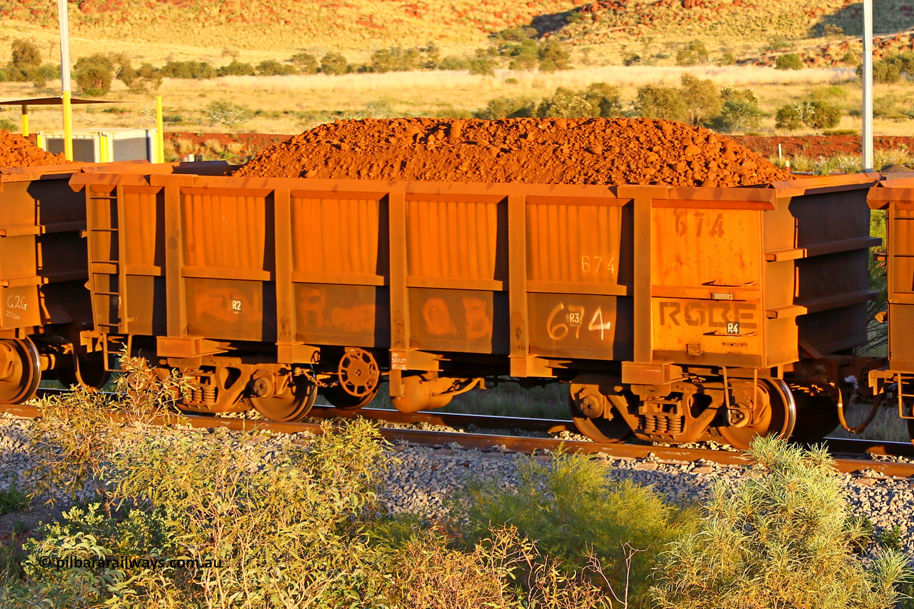 0674 170513 8626
Robe River ore waggon 674, built by Tomlinson Steel WA, rotary coupler end handbrake side loaded view, Cape Lambert yard, May 13, 2017.
Keywords: 674;Tomlinson-Steel-WA;Robe-ore-waggon;