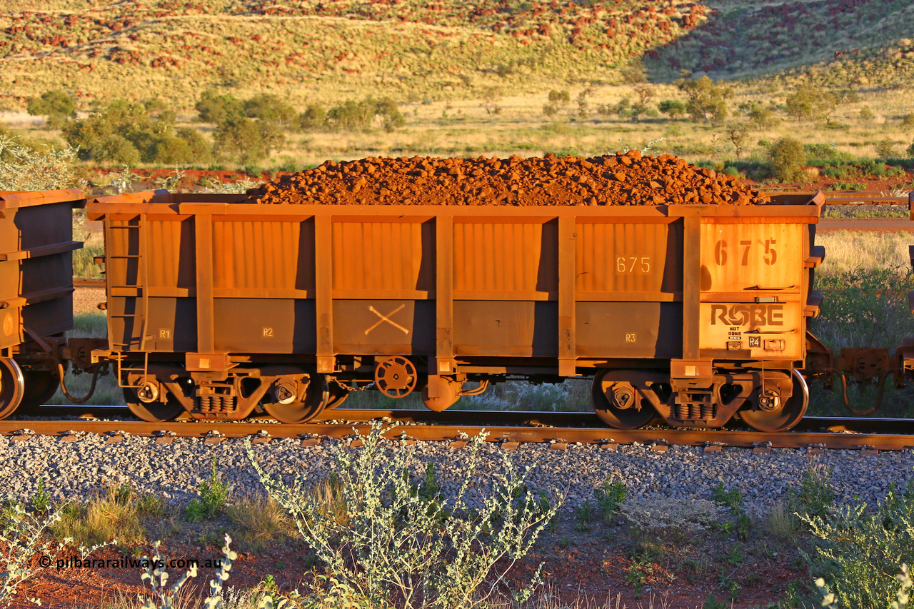 0675 170513 8709
Robe River ore waggon 675, built by Tomlinson Steel WA, rotary coupler end handbrake side loaded view, Cape Lambert yard, May 13, 2017.
Keywords: 675;Tomlinson-Steel-WA;Robe-ore-waggon;