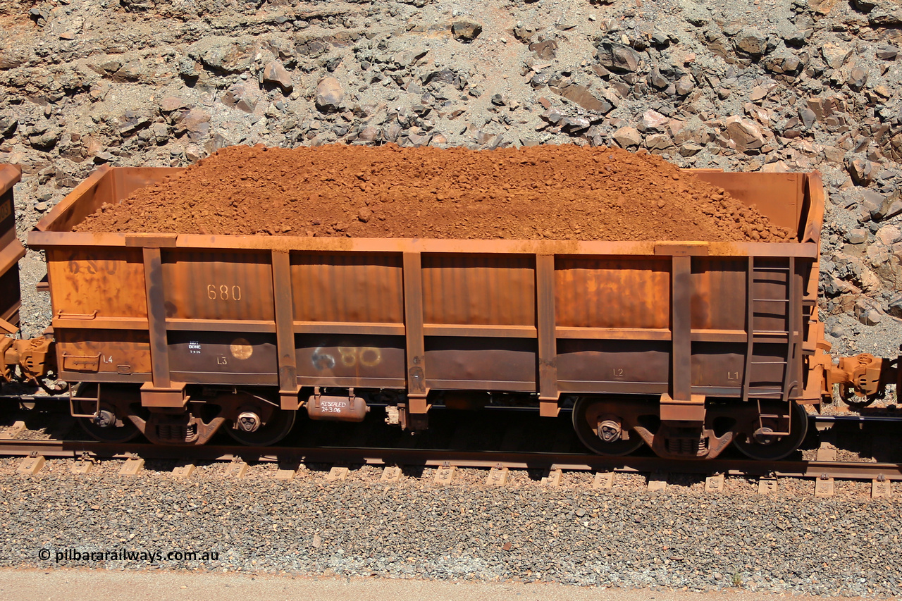 0680 160306 1559
Robe River ore waggon 680, built by Tomlinson Steel WA, fixed coupler non-handbrake side loaded view, at the 45 km, Harding Siding on the Cape Lambert line. March 6, 2016.
Keywords: 680;Tomlinson-Steel-WA;Robe-ore-waggon;